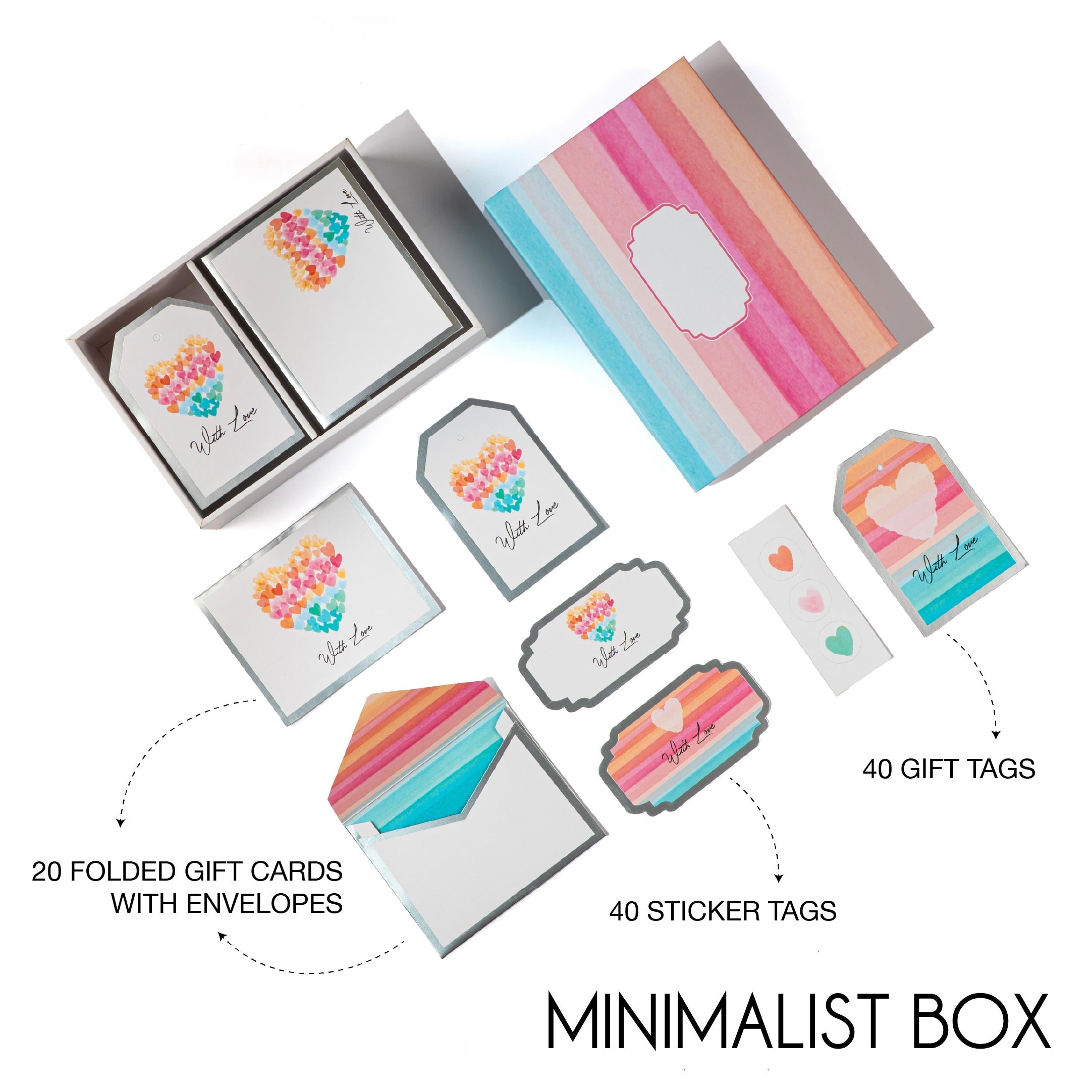 Vibrant striped stationery box featuring watercolor heart motifs and “With Love” tags.