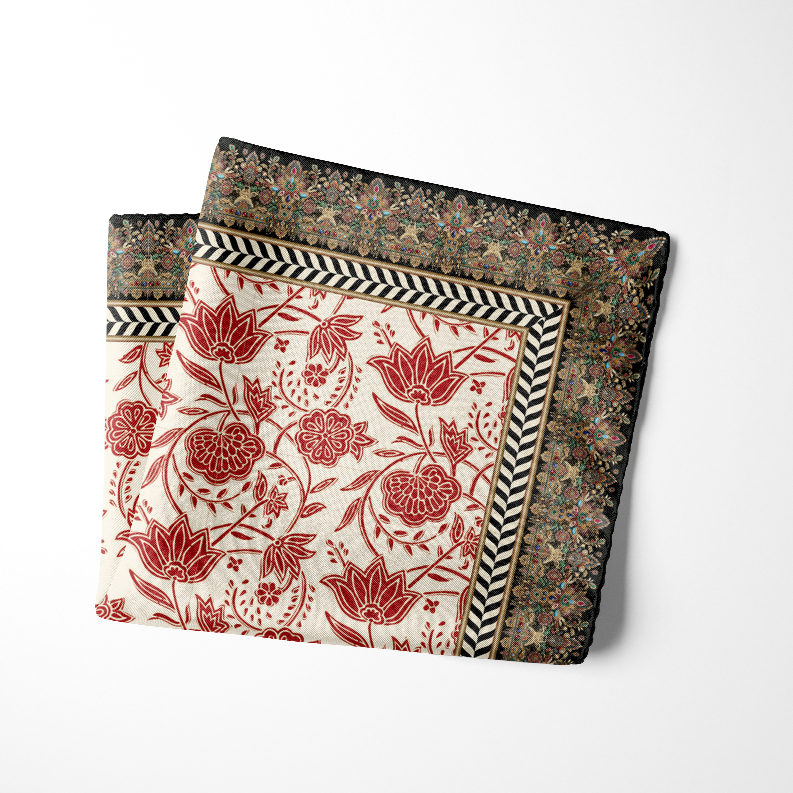 Ivory and red pocket square with traditional floral artwork and a distinctive geometric chevron trim