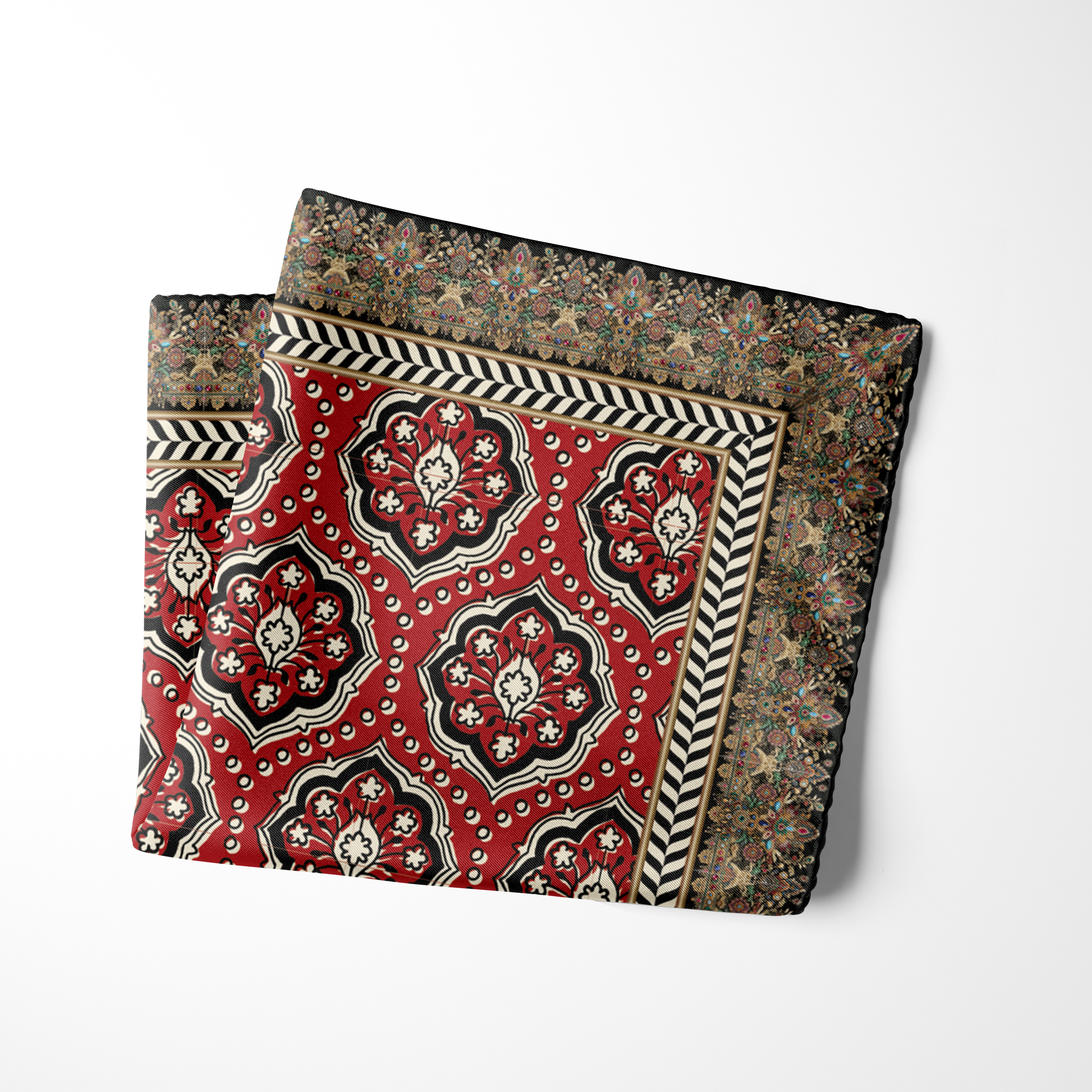 Crimson red pocket square with ivory floral motifs, ornate multicolour border and black chevron detailing