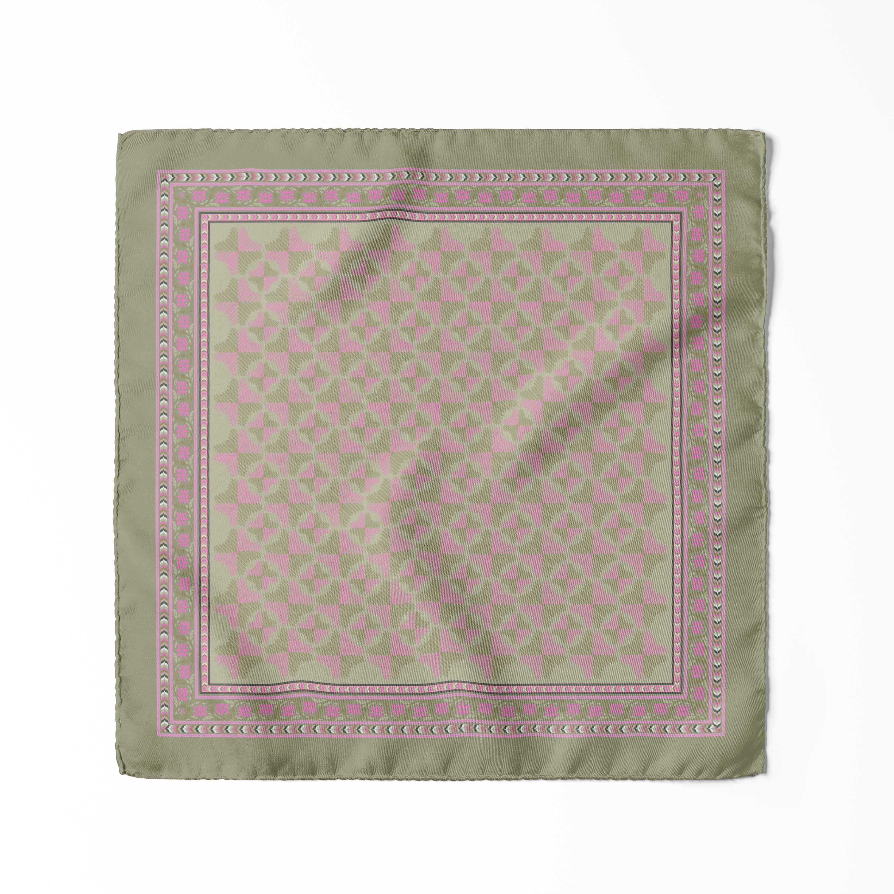 Elegant sage and blush pink pocket square with floral centre pattern and detailed geometric border