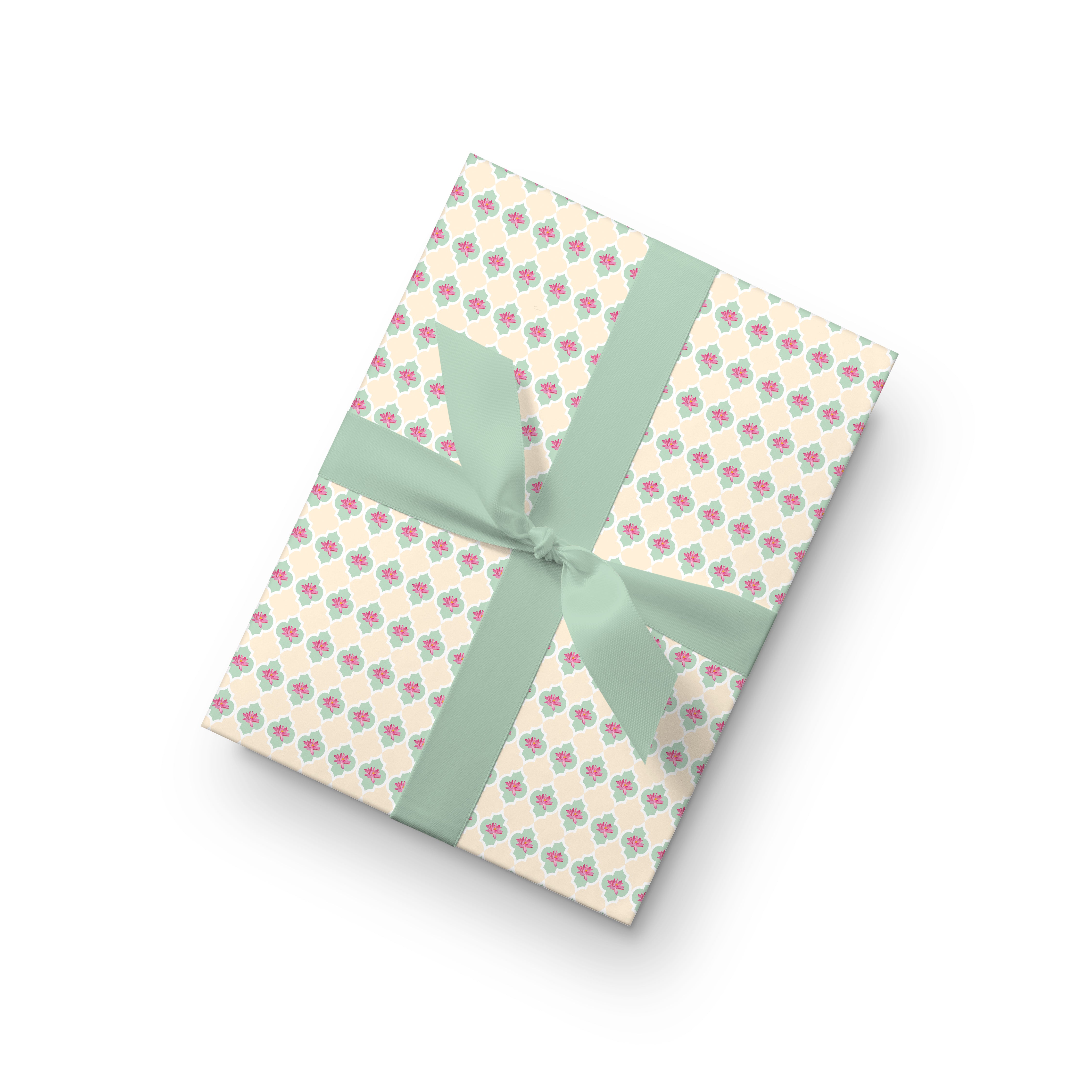 Mint green wrapping paper with pink lotus floral Mughal trellis pattern, luxury gift wrap.