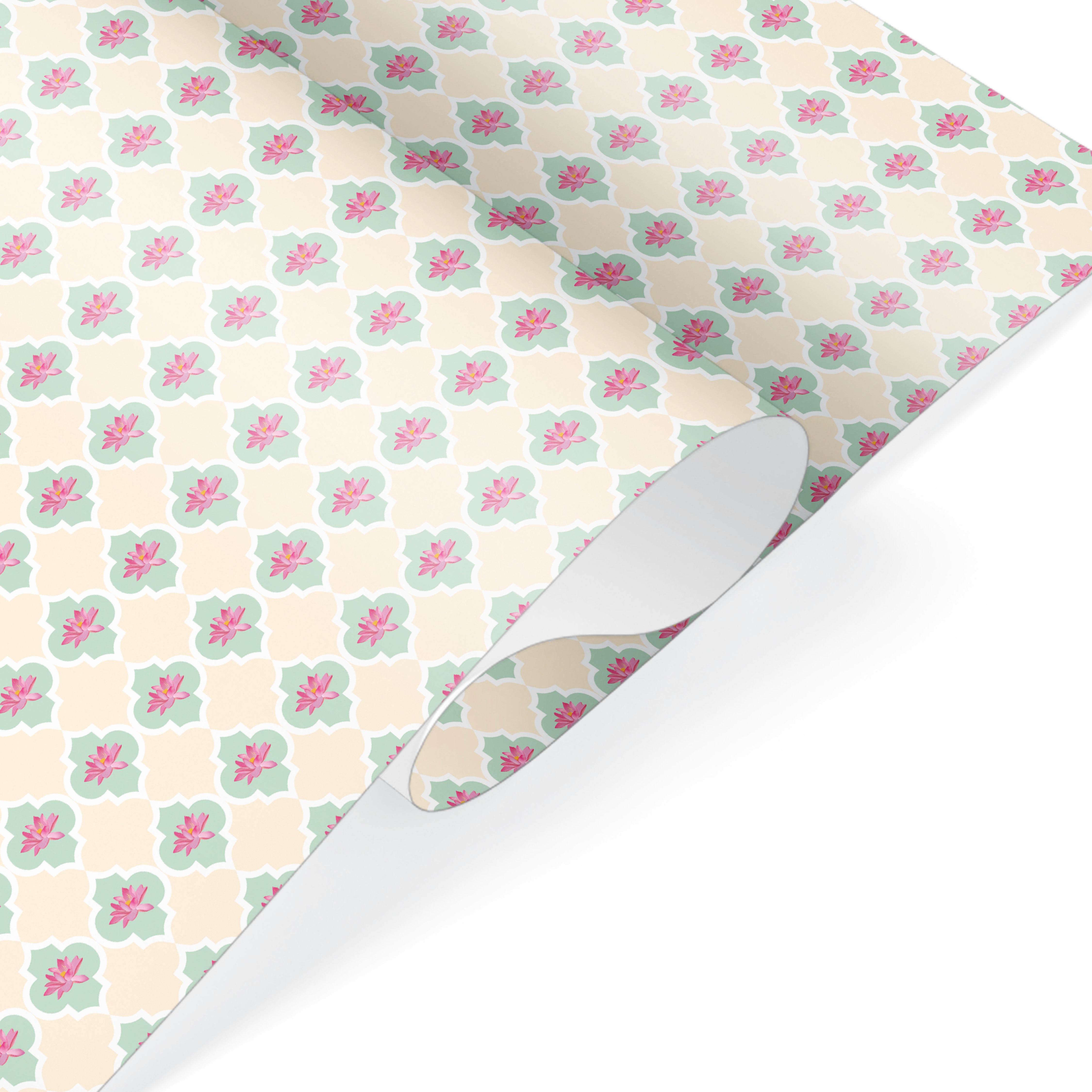 Mint green wrapping paper with pink lotus floral Mughal trellis pattern, luxury gift wrap.