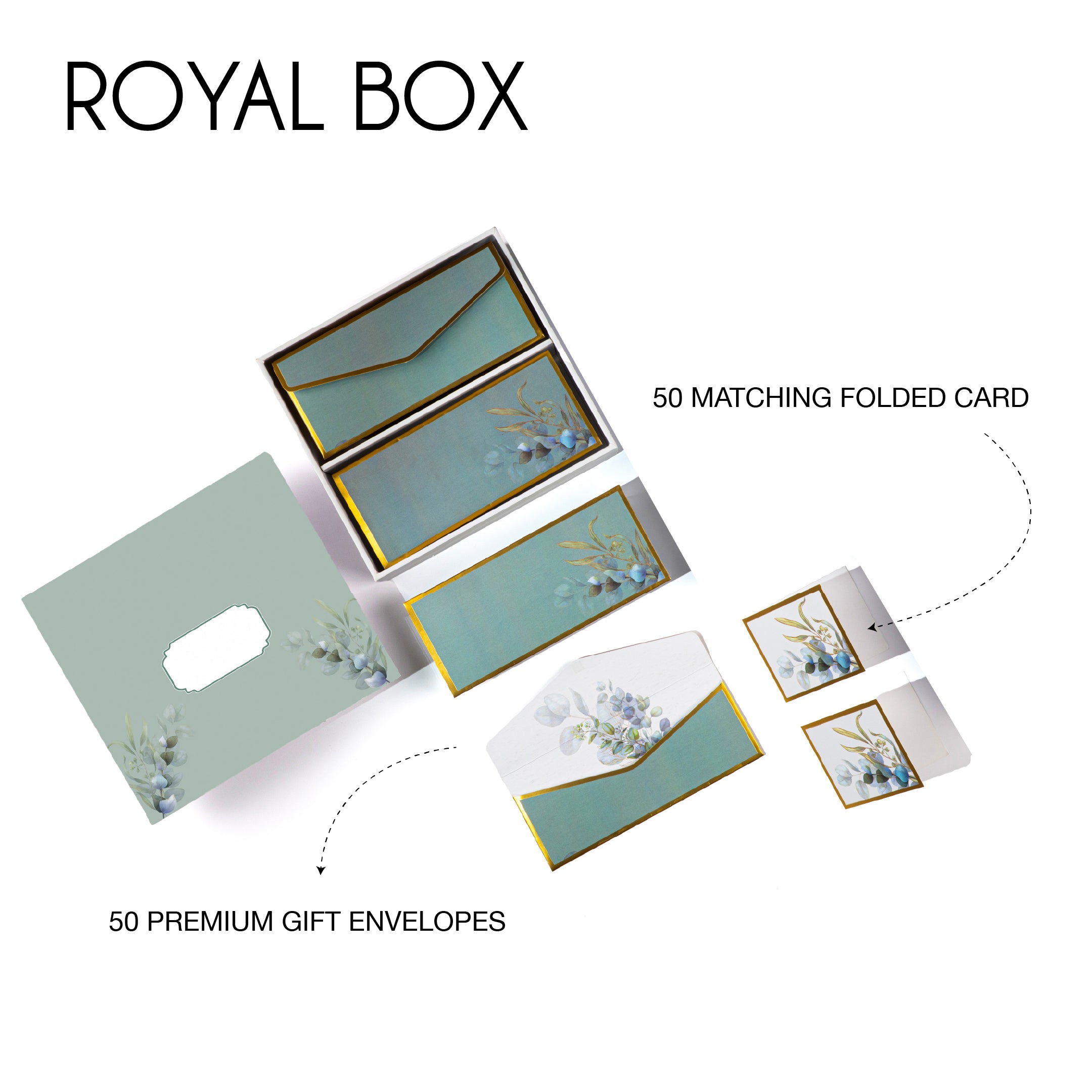 Elegant eucalyptus-themed luxury stationery set with gold borders, perfect for gifting or personal use.