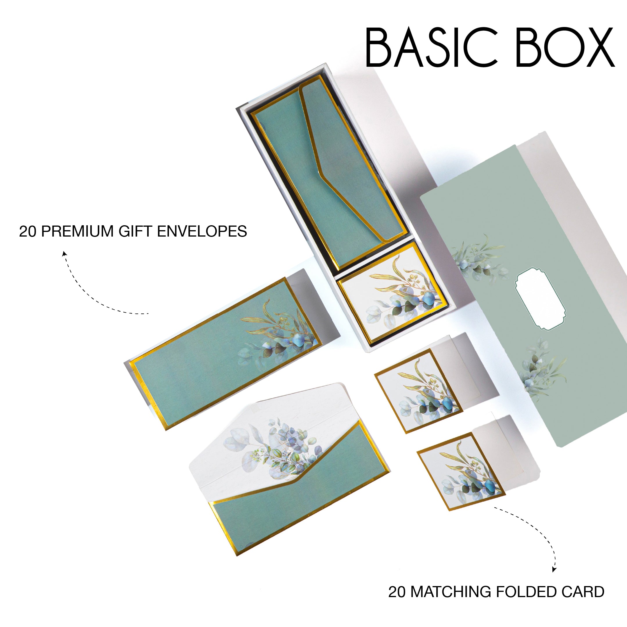 Elegant eucalyptus-themed luxury stationery set with gold borders, perfect for gifting or personal use.