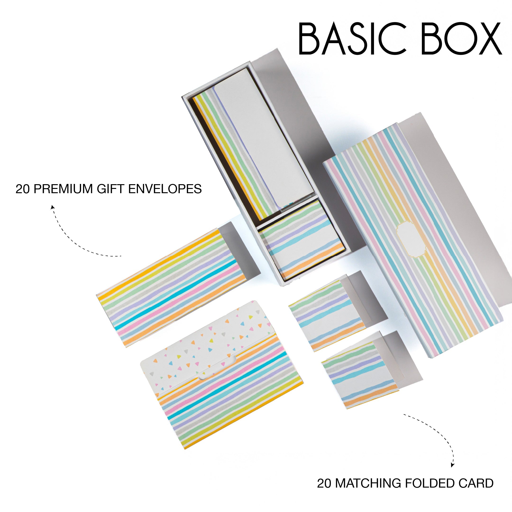 Colorful striped stationery set with envelopes, folded cards, and boxes in pastel tones.