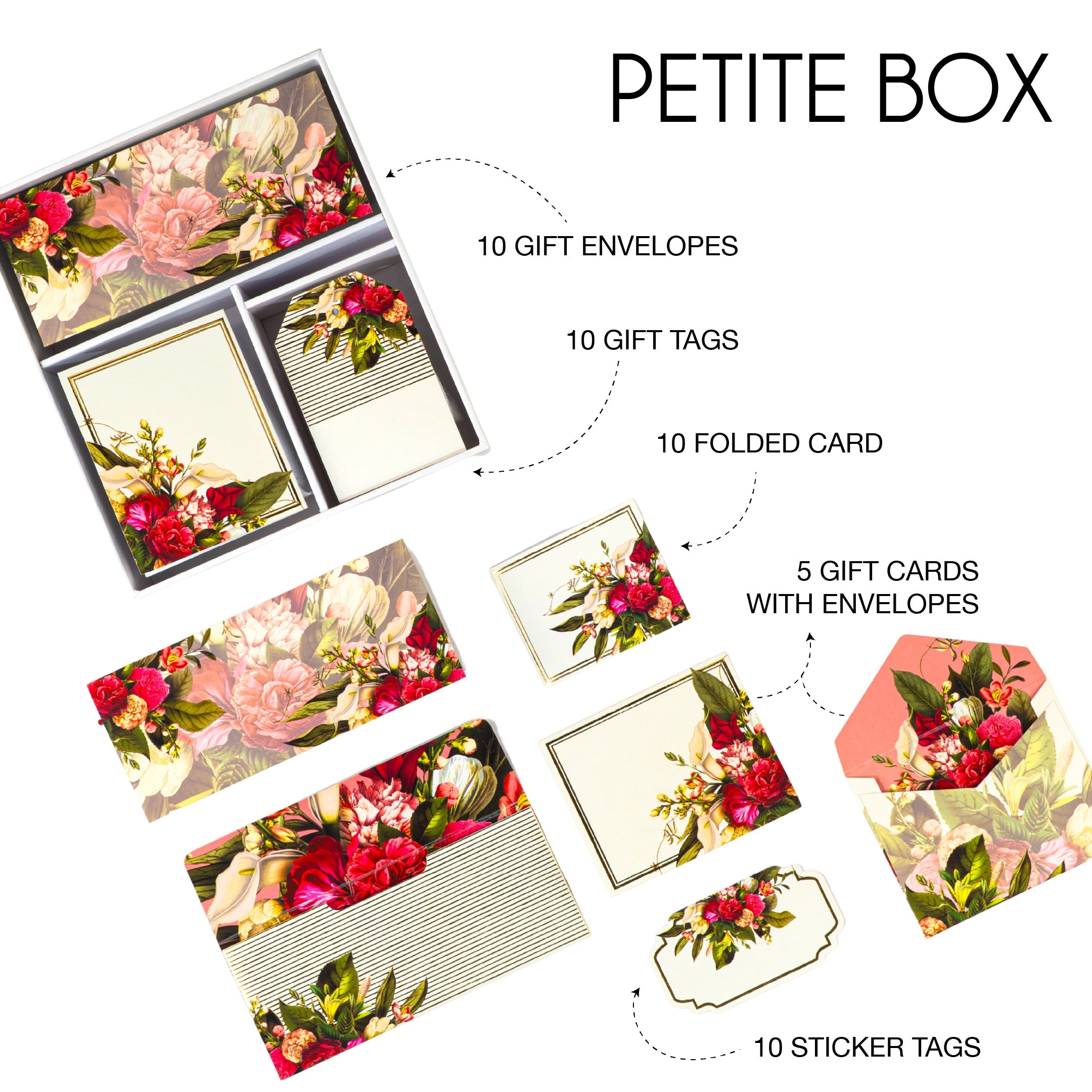 Floral stationery gift set with red and ivory blooms, includes tags, envelopes, and notecards in a keepsake box.