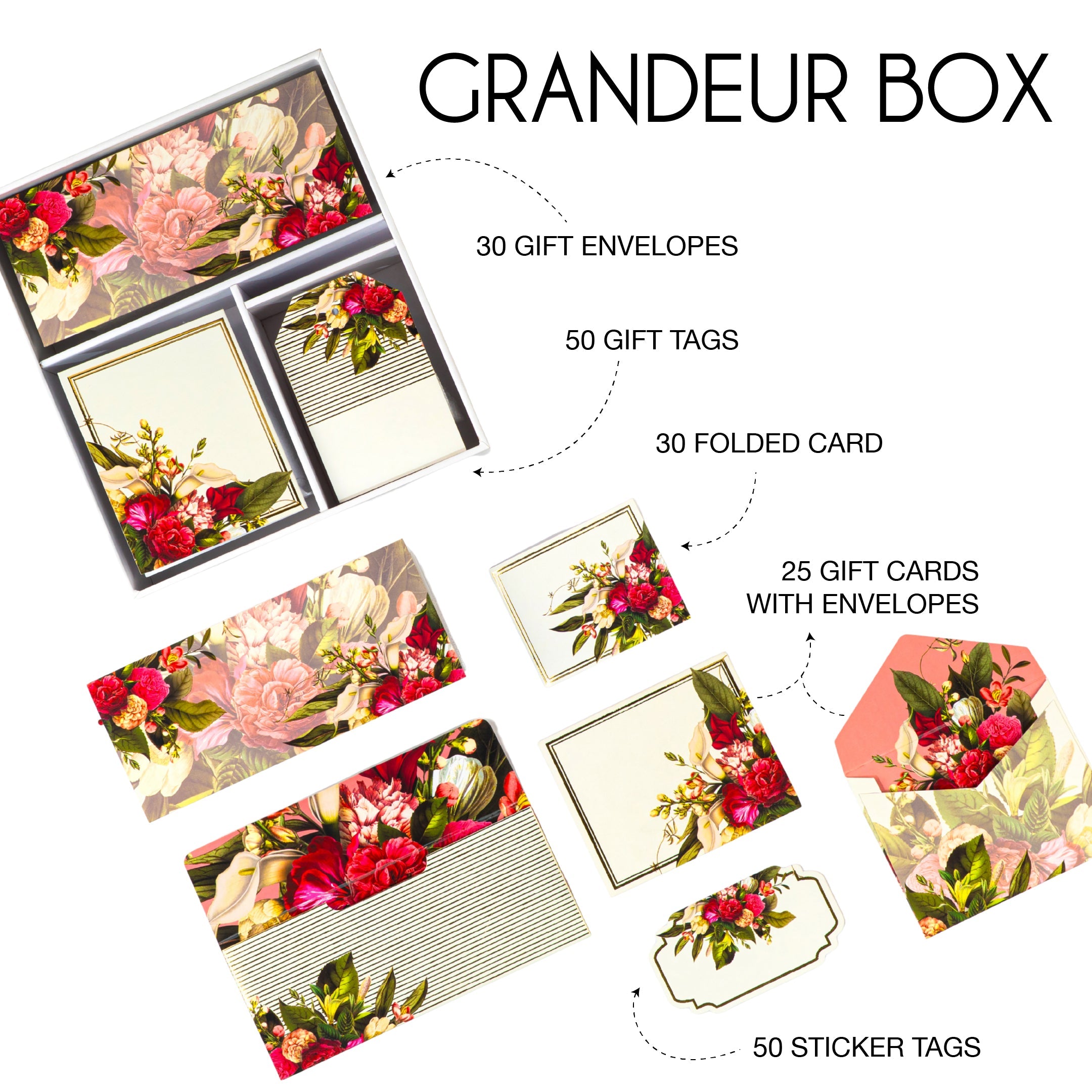 Floral stationery gift set with red and ivory blooms, includes tags, envelopes, and notecards in a keepsake box.