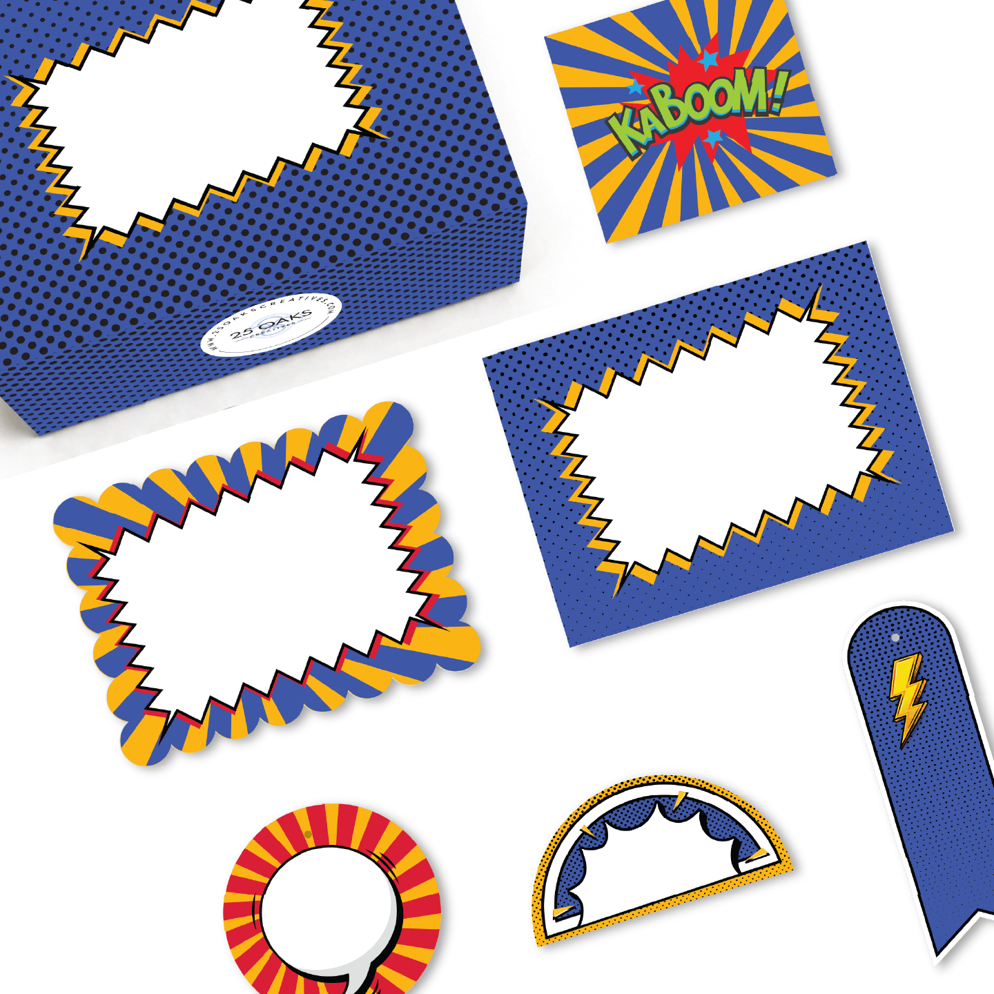 Premium pop art stationery collection featuring comic burst designs, folded cards, and decorative gift tags.