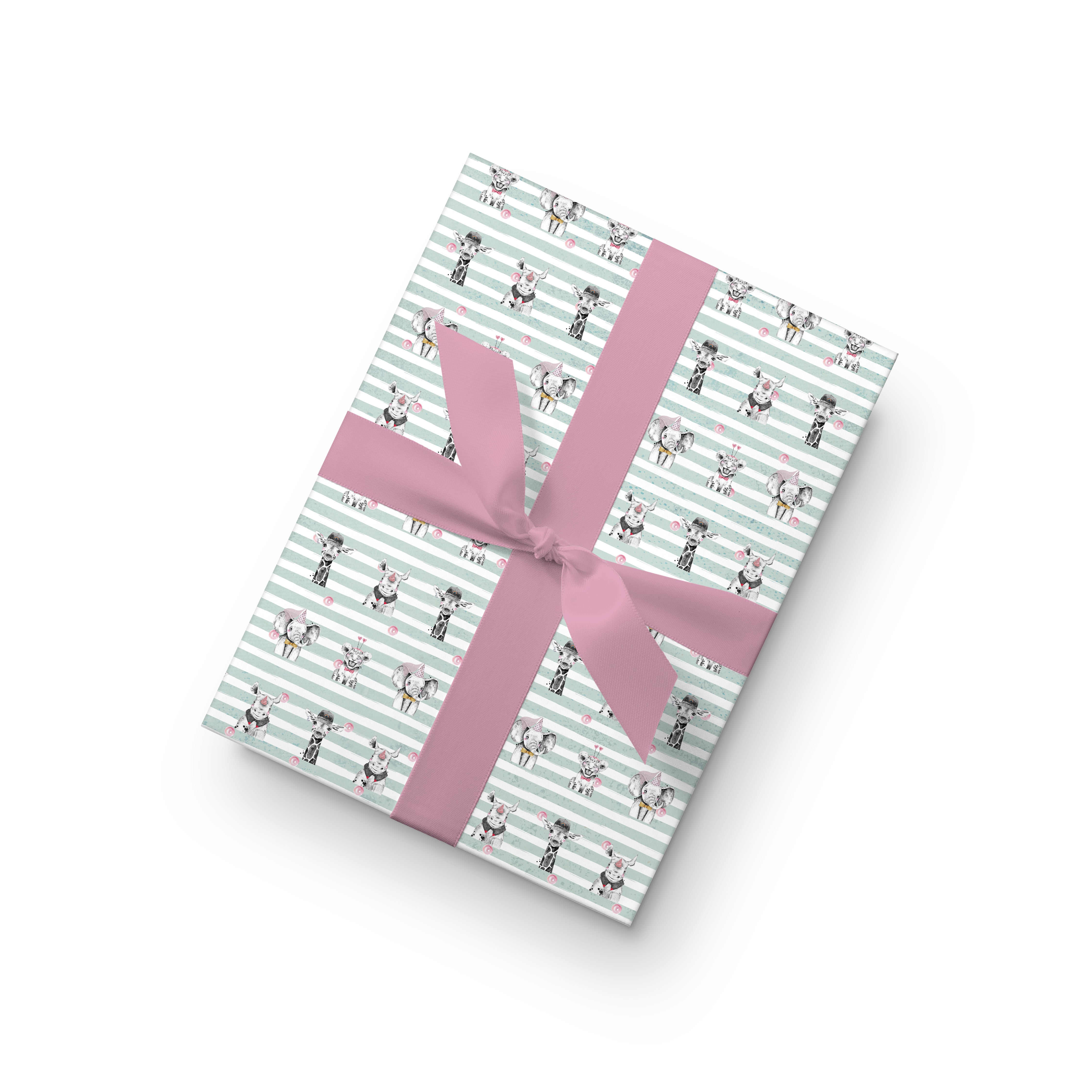 Animal print wrapping paper with elephants and giraffes on mint stripes, kids birthday gift wrap.