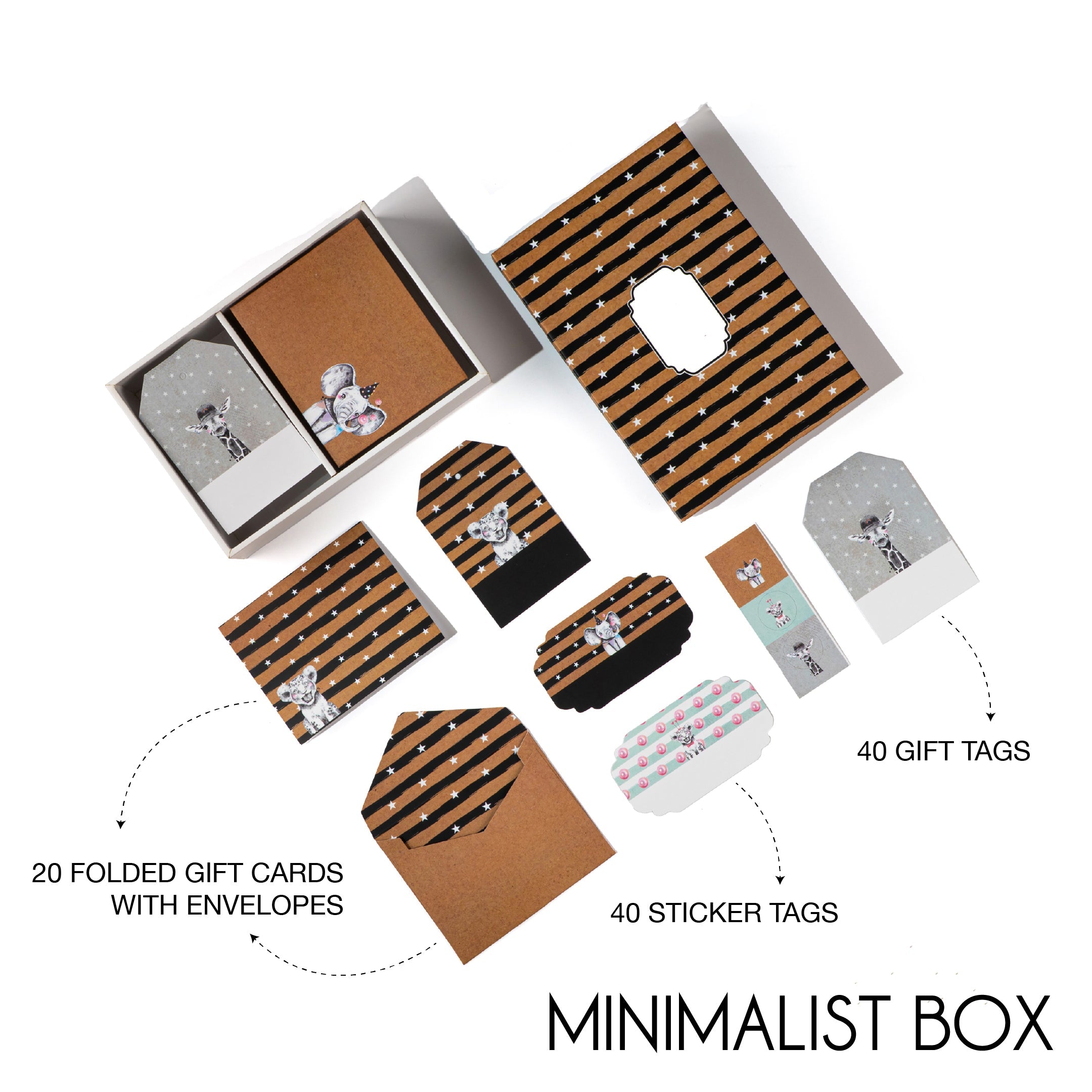Kraft paper set with zebra‑striped envelopes and whimsical animal face prints.