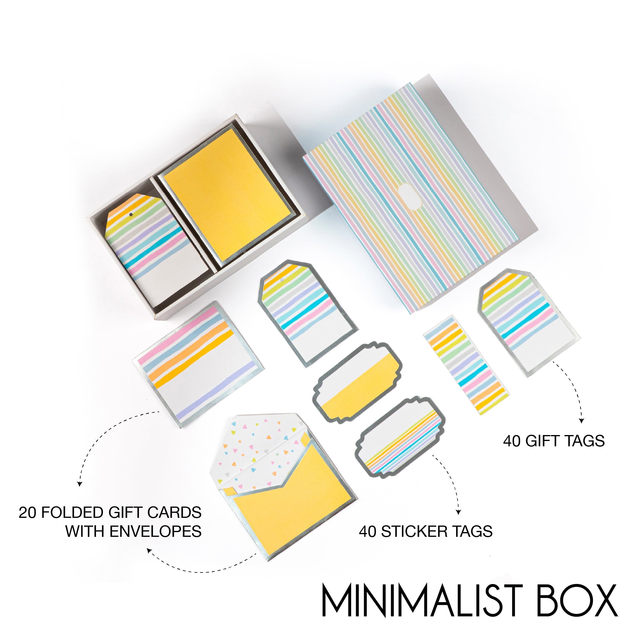 Colorful striped stationery set with gift tags and small folded envelopes.