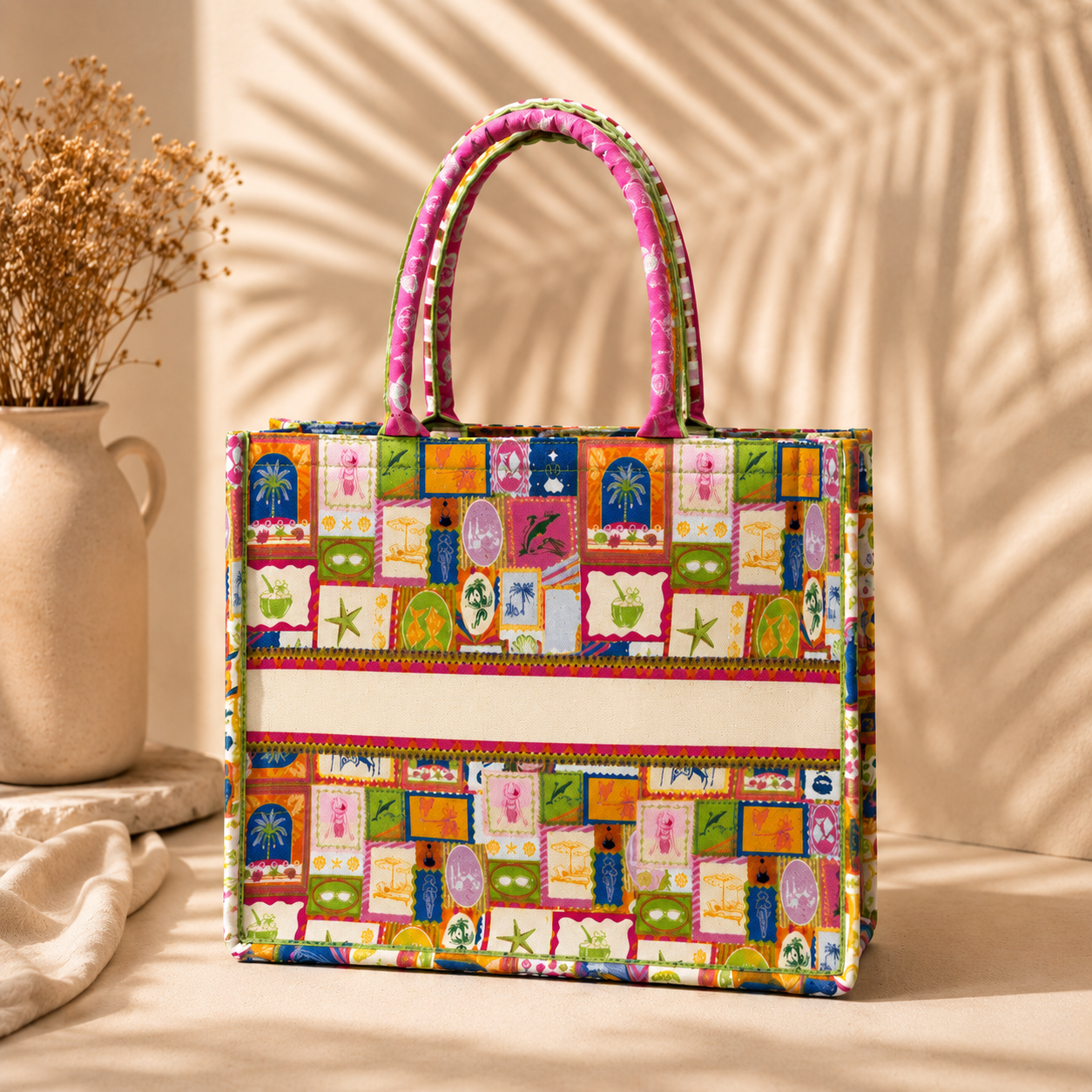Tropical Beach Stamp Canvas Tote Bag