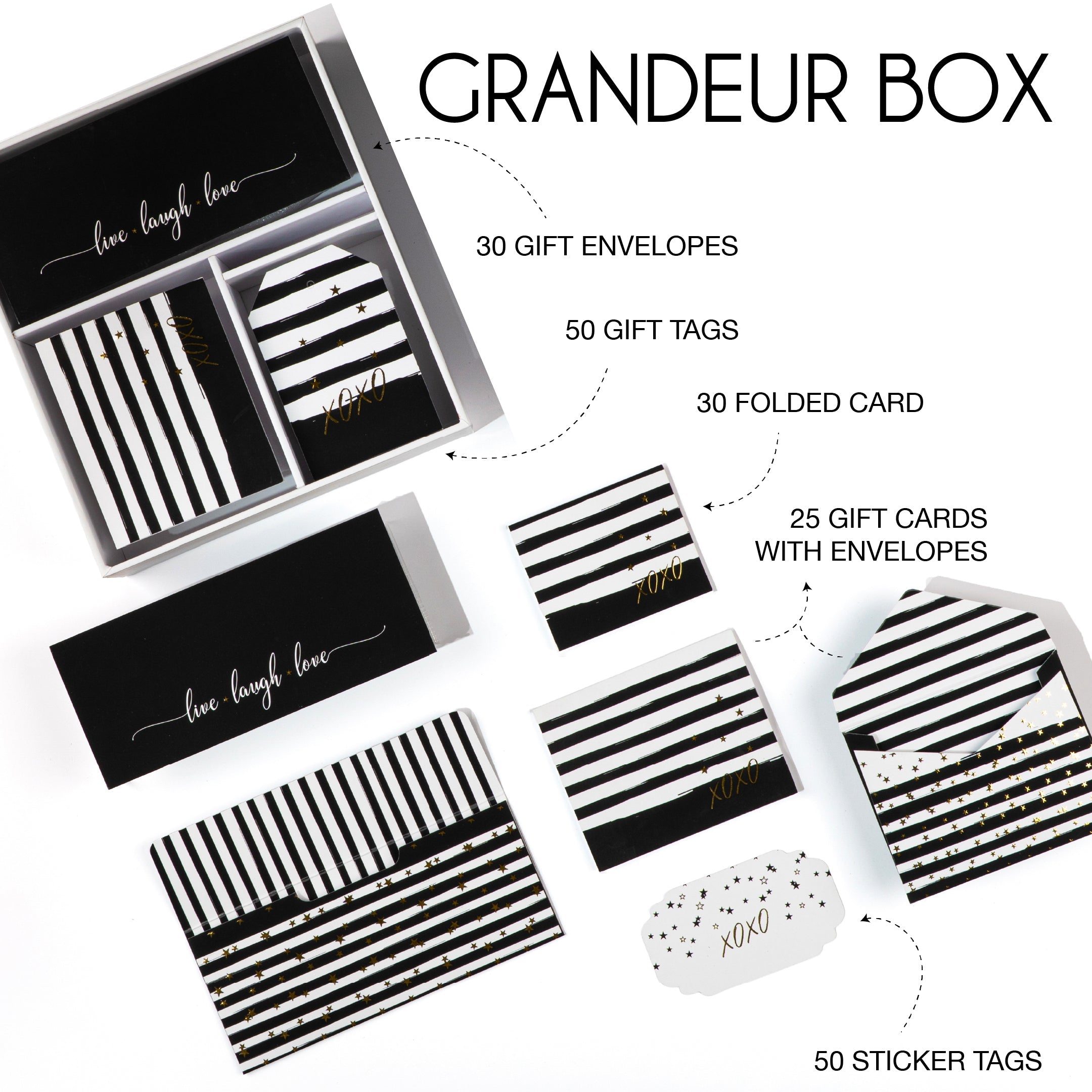 Black-and-white striped stationery set featuring “XOXO” accents and gold‑foil stars.