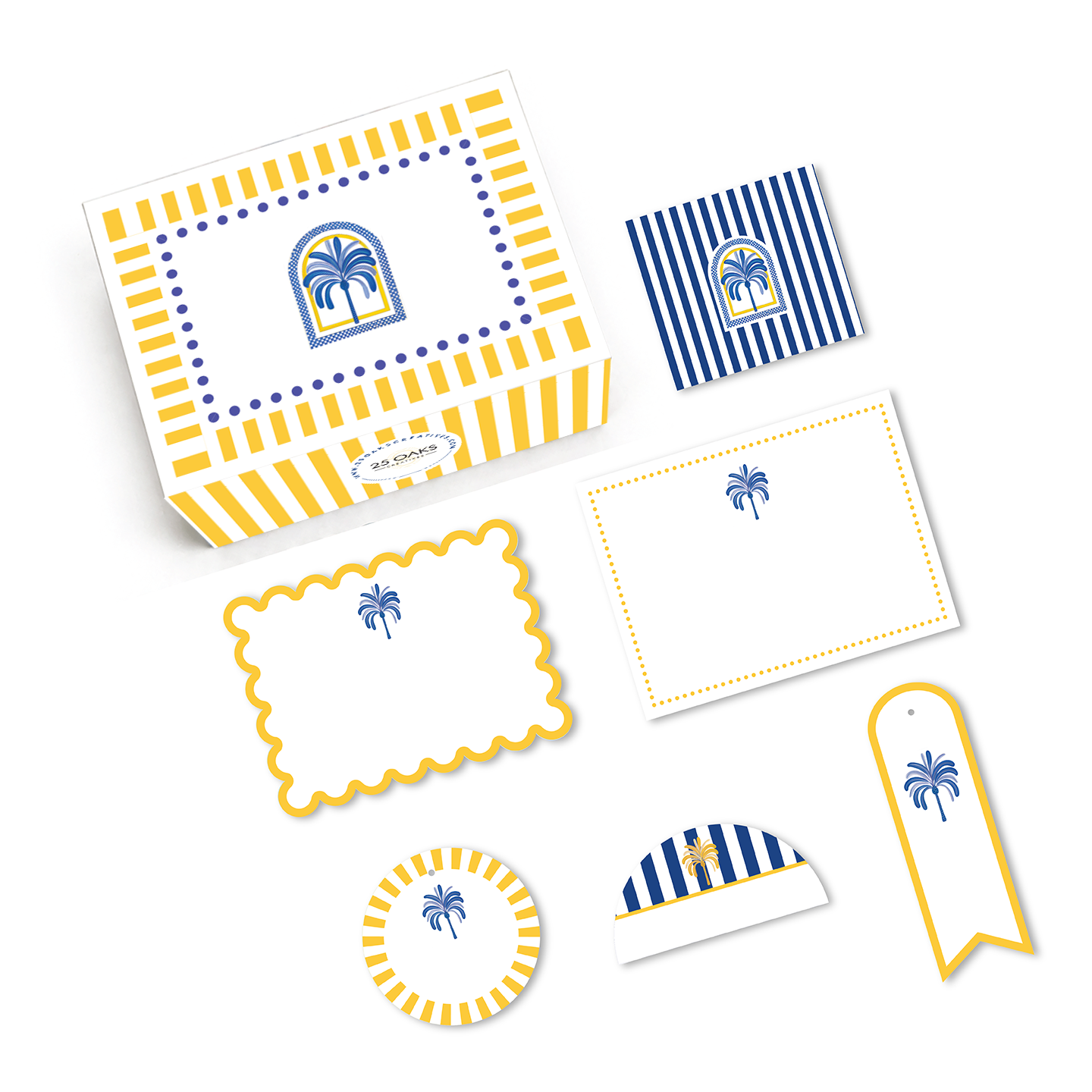 Blue and yellow palm themed stationery gift set with striped design