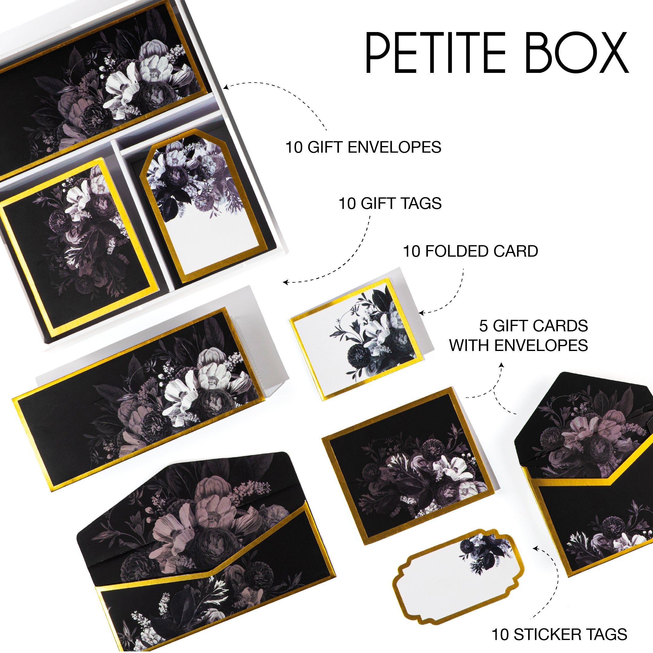 Luxury black floral stationery set with envelopes, cards, and boxes featuring gold trim and elegant botanical designs.