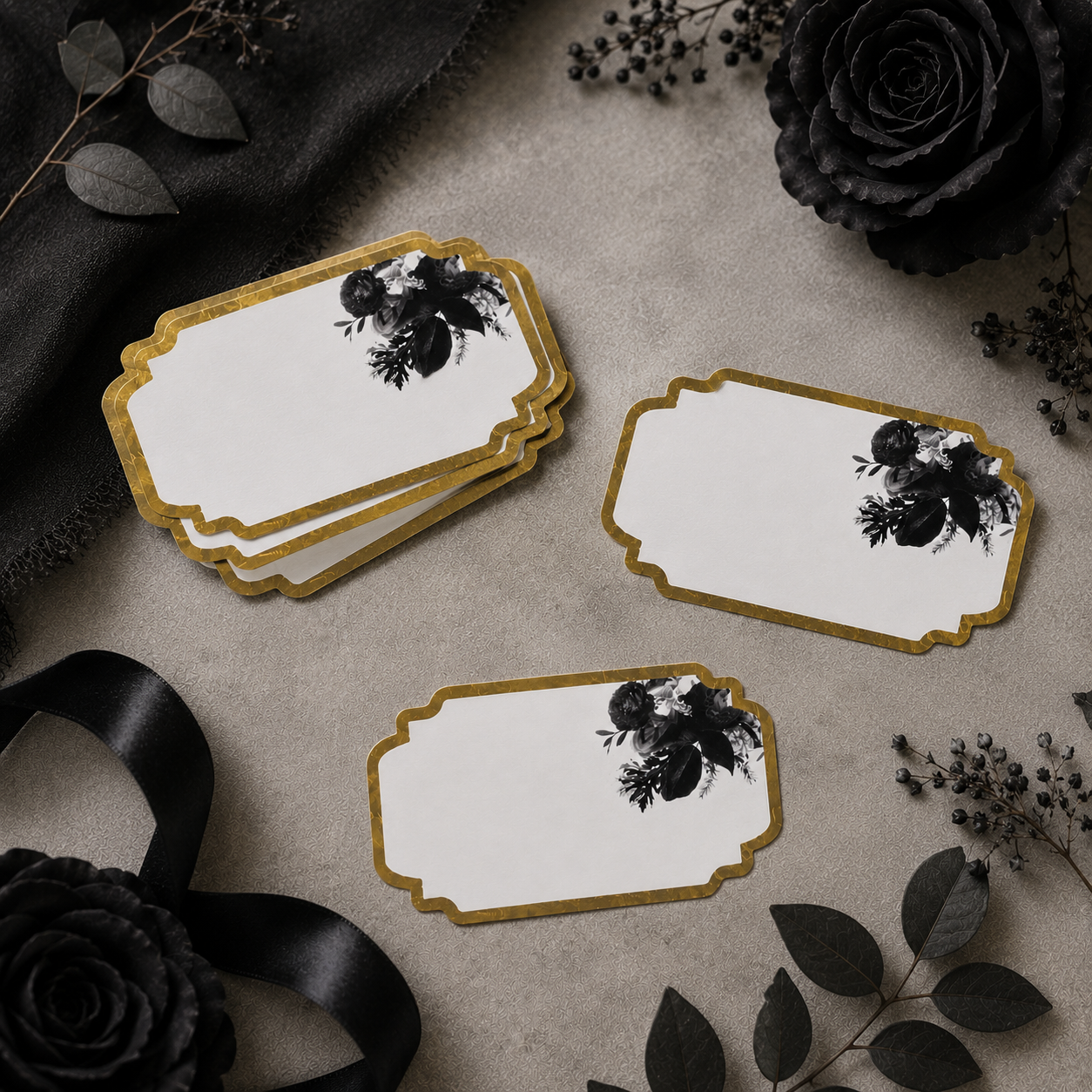 Sophisticated black floral sticker tag with dark botanical accents and premium gold edges for luxury gifting.