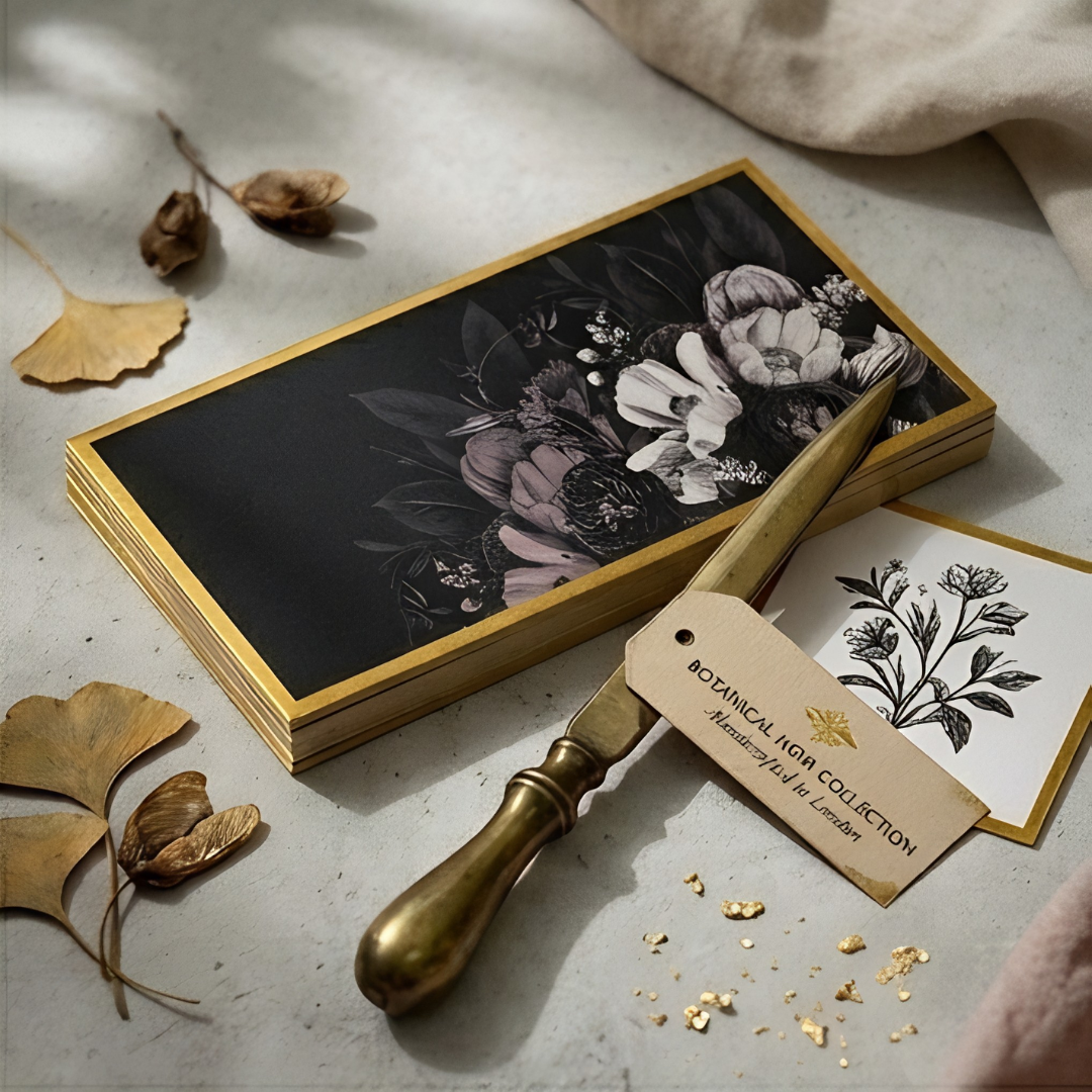 A sophisticated set of money envelopes in black, adorned with white and grey blooms and elegant gold details.