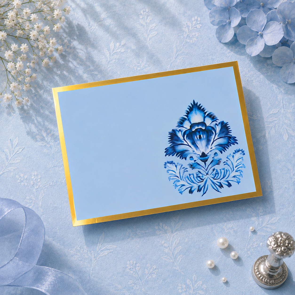 Elegant Blue Batik folded card with gold border detailing, soft ivory interiors, and delicate blue floral motifs on a pastel blue background.