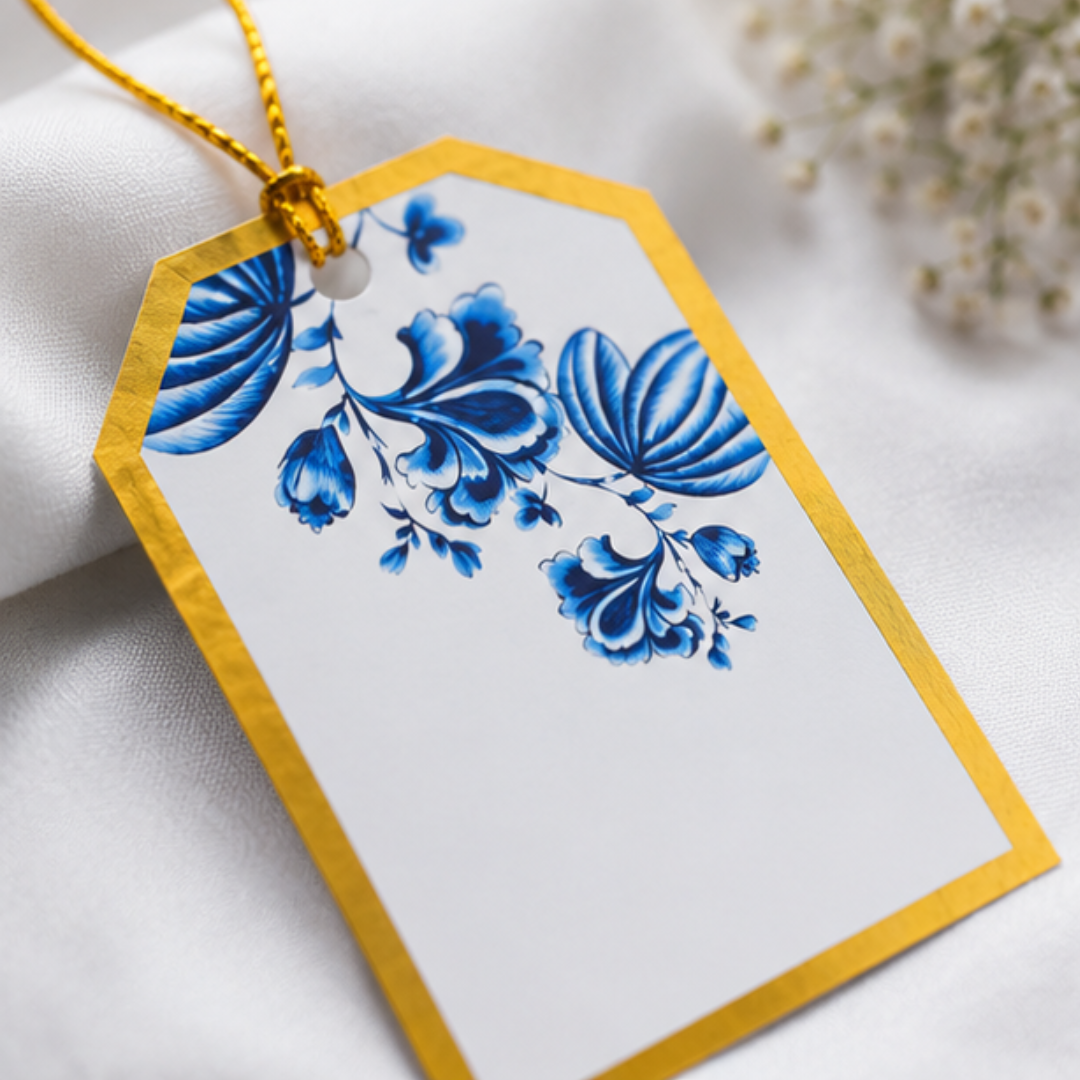 Sophisticated blue and white hanging tags styled with pastel blue gift bags and floral props in a luxury product photoshoot.