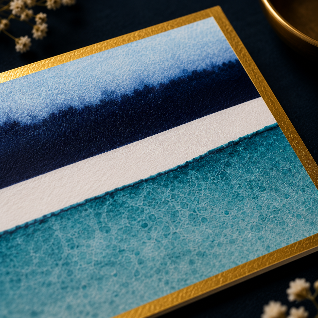 Luxury teal and navy envelope featuring abstract watercolor patterns with sophisticated gold accents.