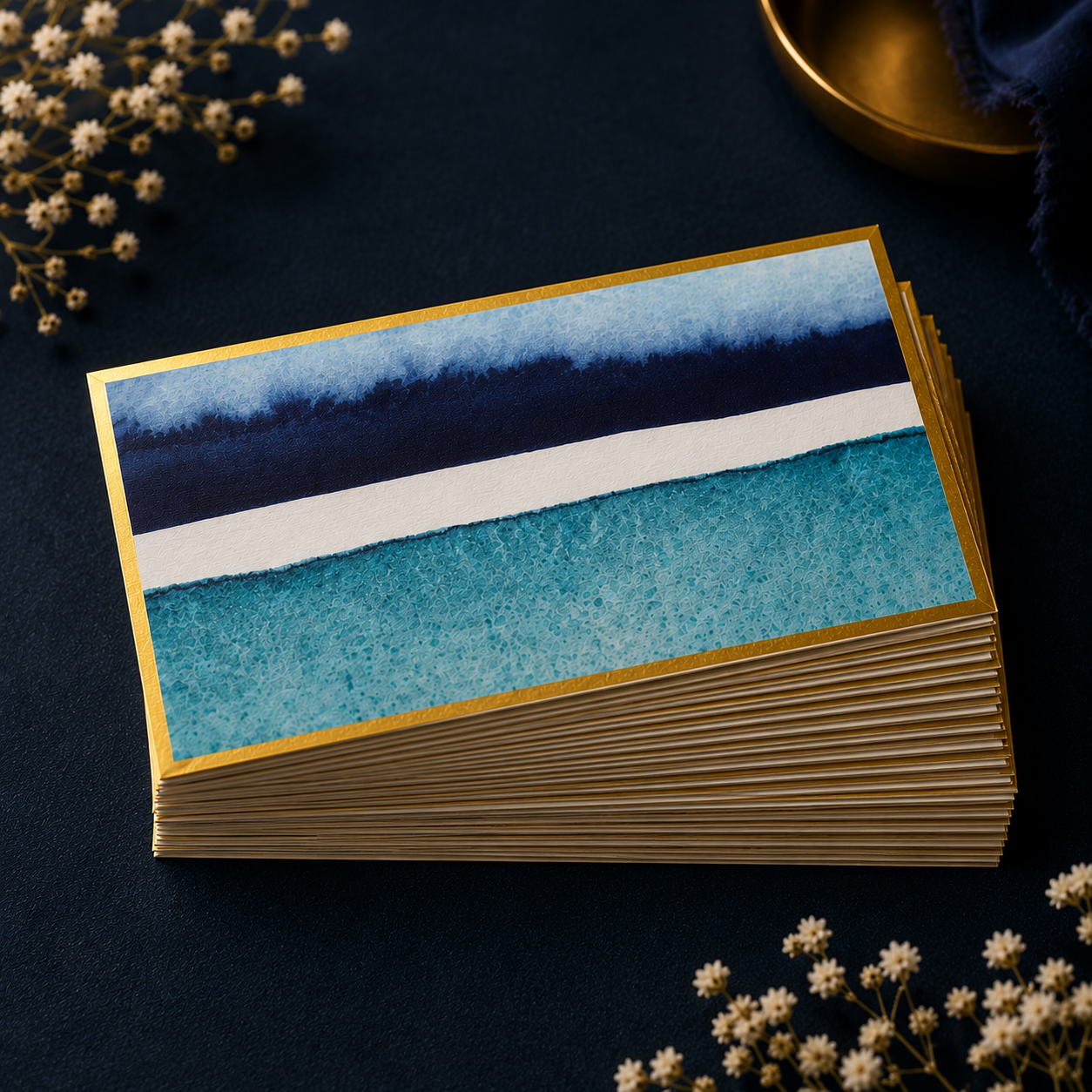 Premium artistic envelope design inspired by ocean tones with rich blue gradients and metallic gold edging.