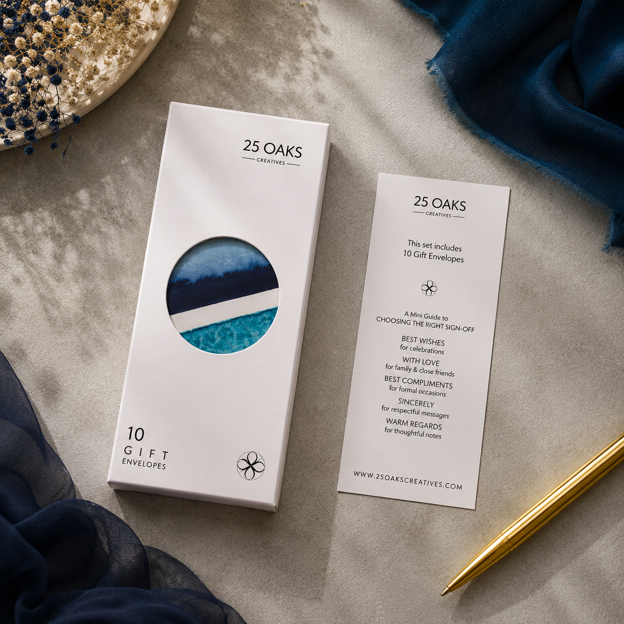 Contemporary blue and turquoise stationery envelope with minimalist watercolor artwork and luxe gold finish.