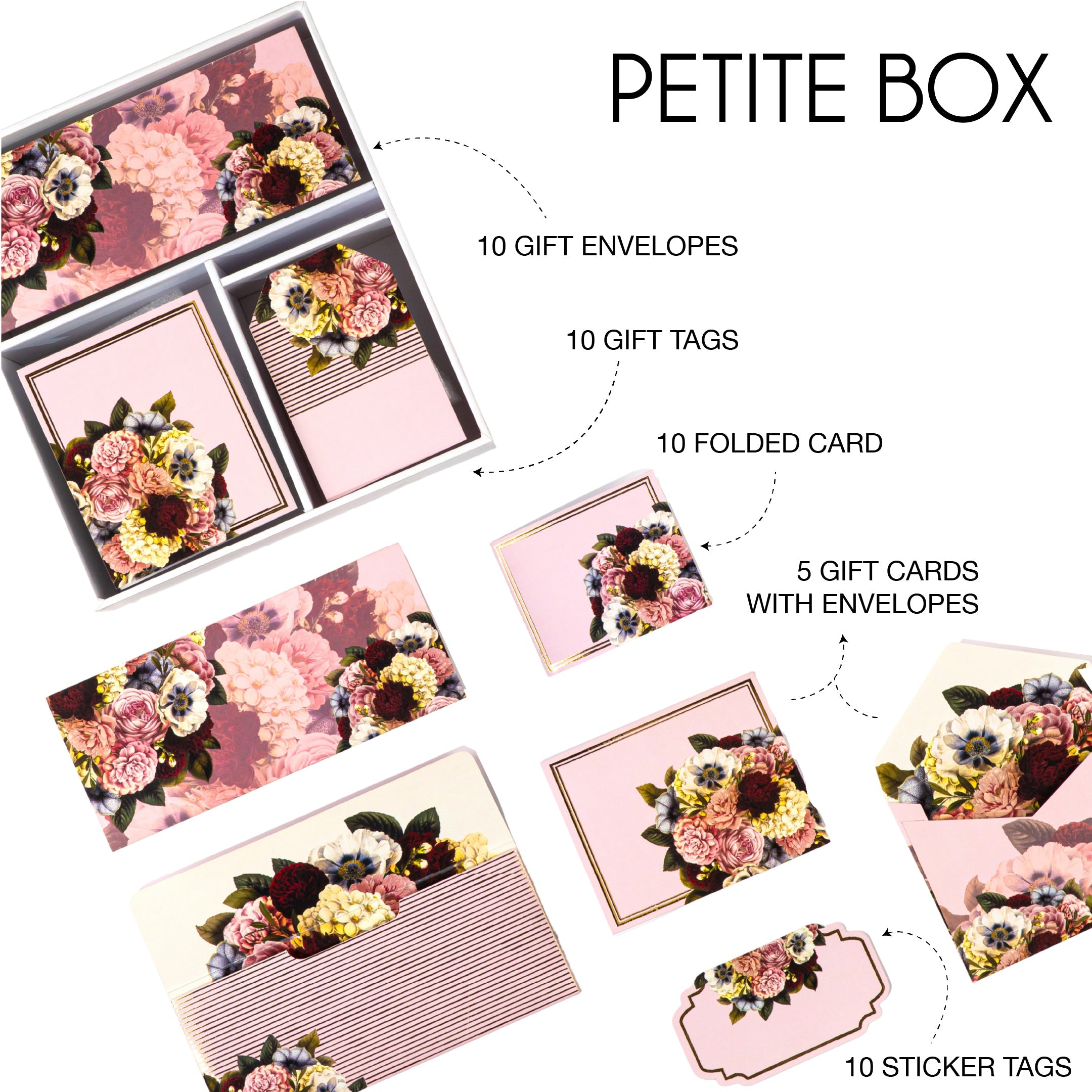 Pink floral stationery gift box with envelopes, tags, folded cards, and stickers.