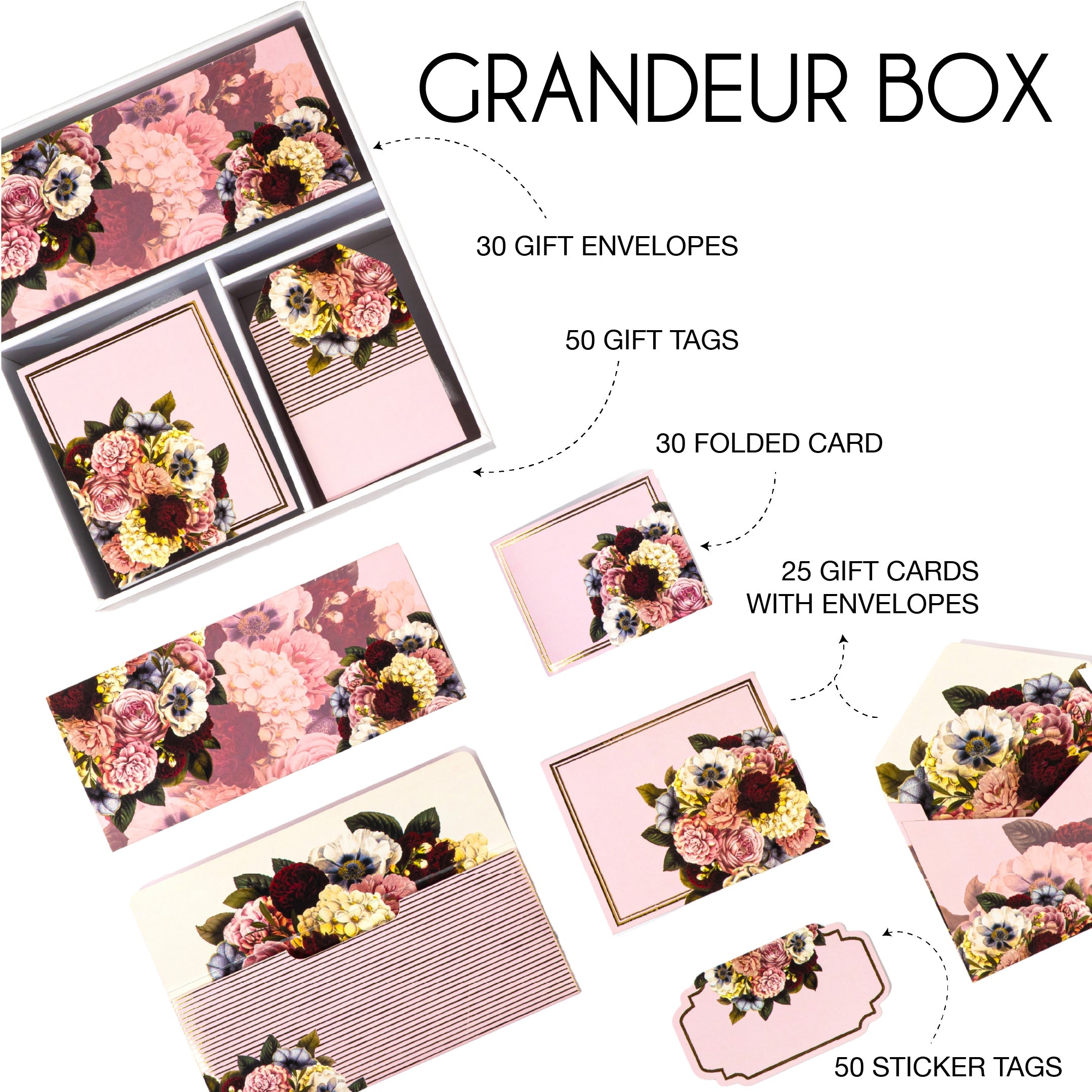 Pink floral stationery gift box with envelopes, tags, folded cards, and stickers.