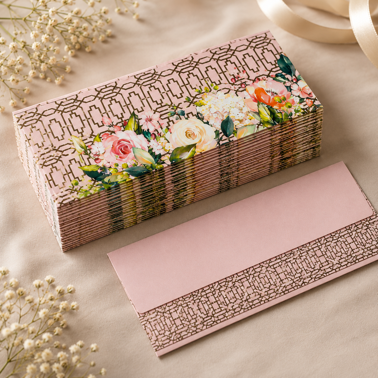 Luxury stationery envelope with soft blush tones, blooming florals, and refined geometric accents.