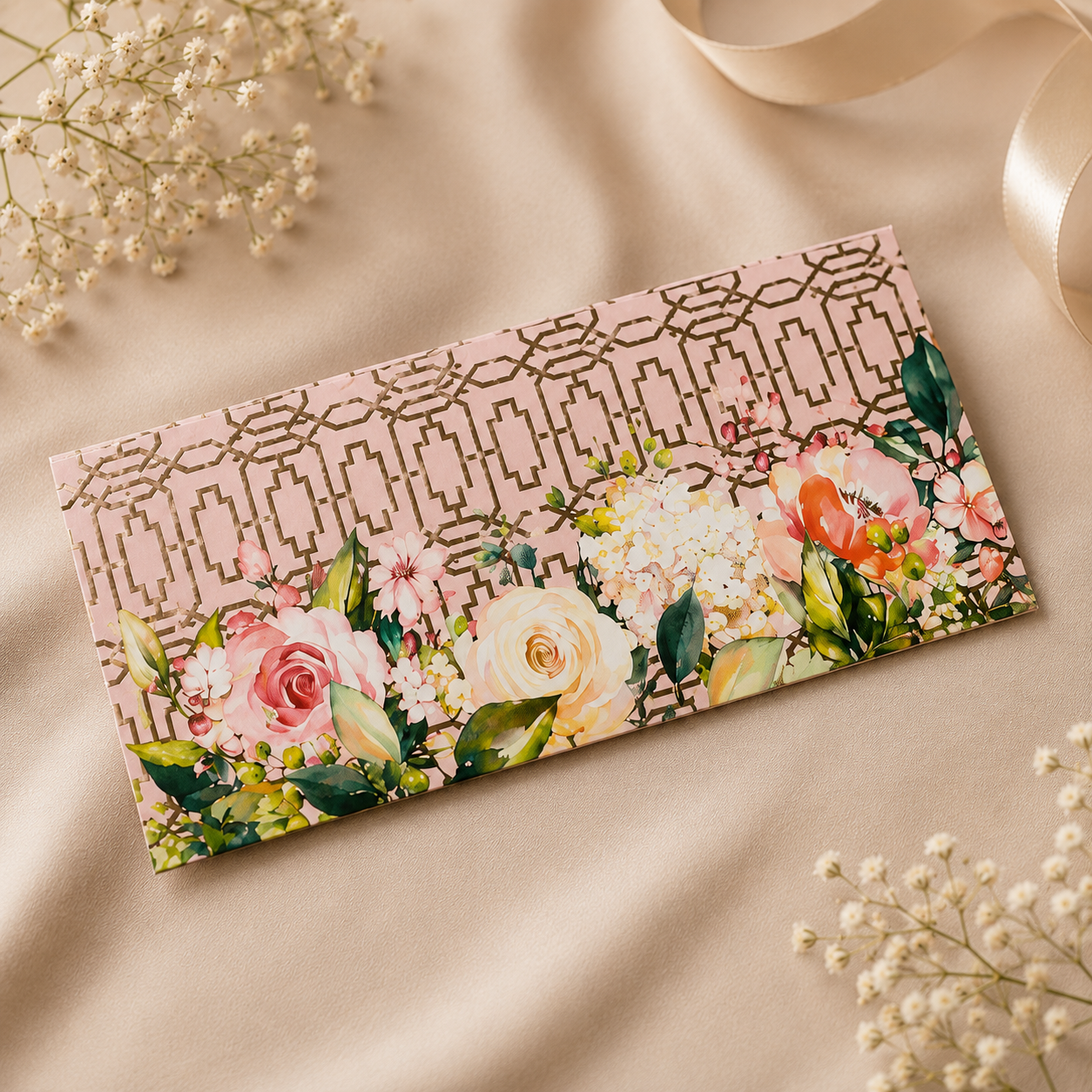 Elegant blush pink floral envelope design with geometric gold pattern and sophisticated luxury aesthetic.
