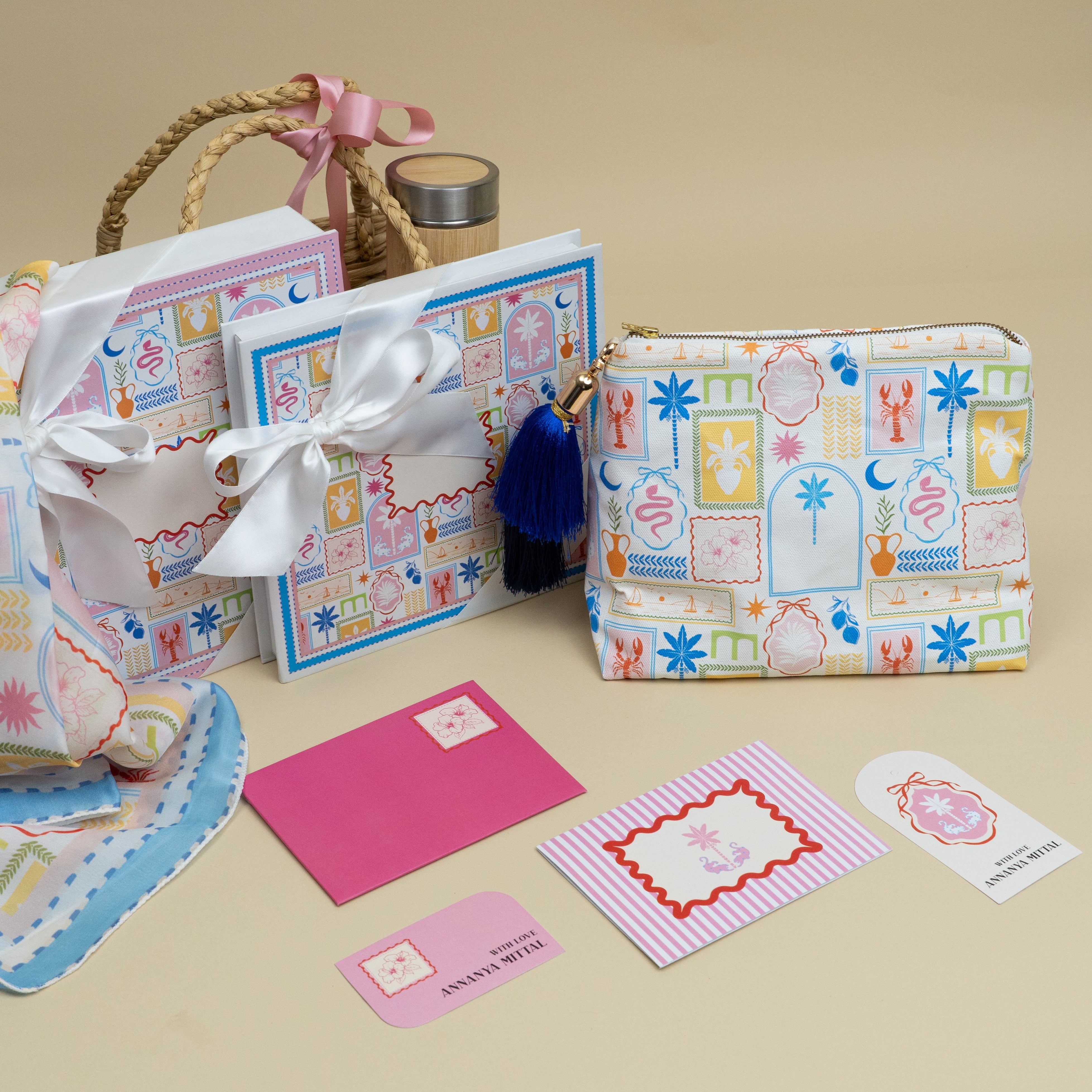 Bridesmaid gift hamper with woven basket, bamboo bottle, scarf and pouch
