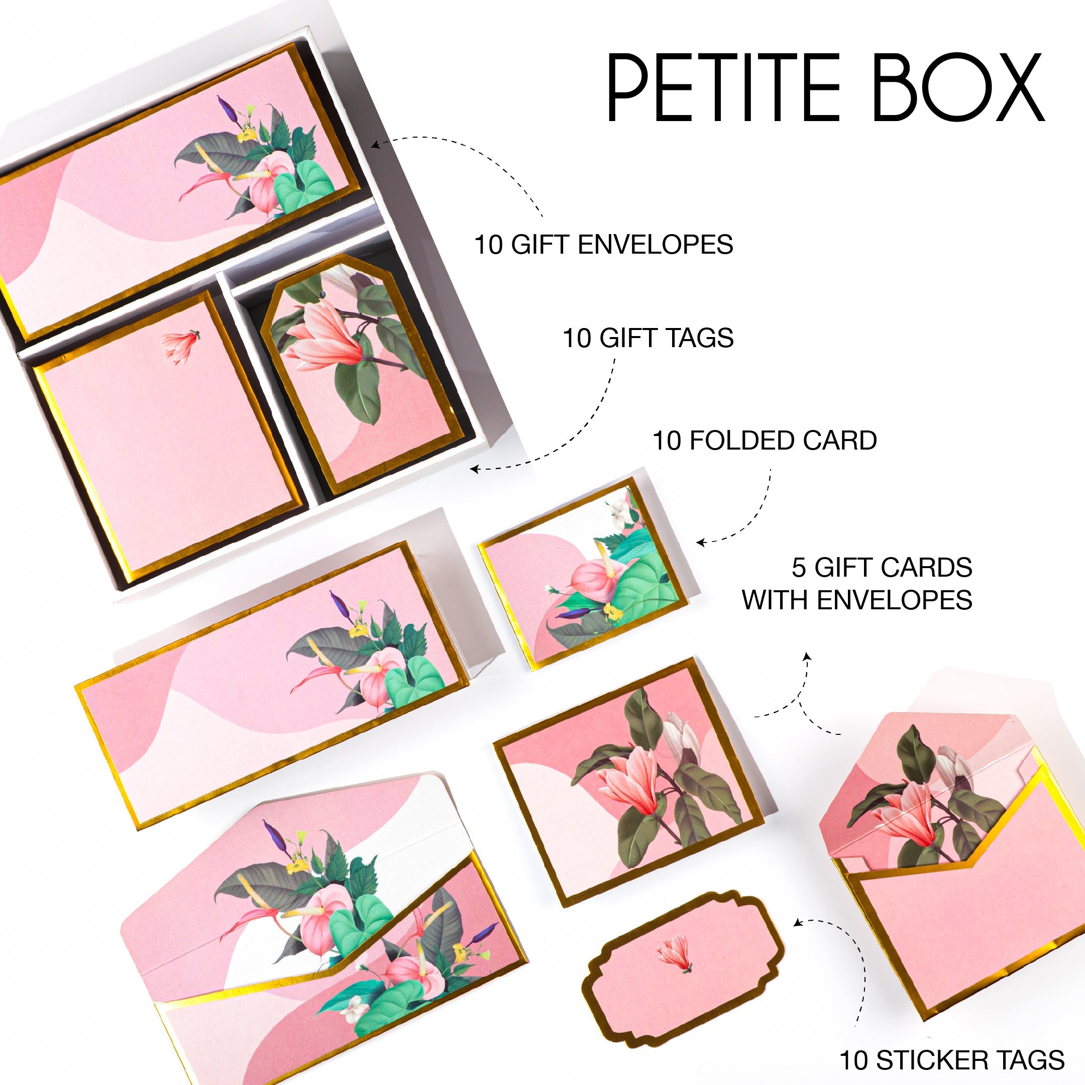 Elegant pink floral stationery set with lily illustrations, envelopes, tags, and folded cards.