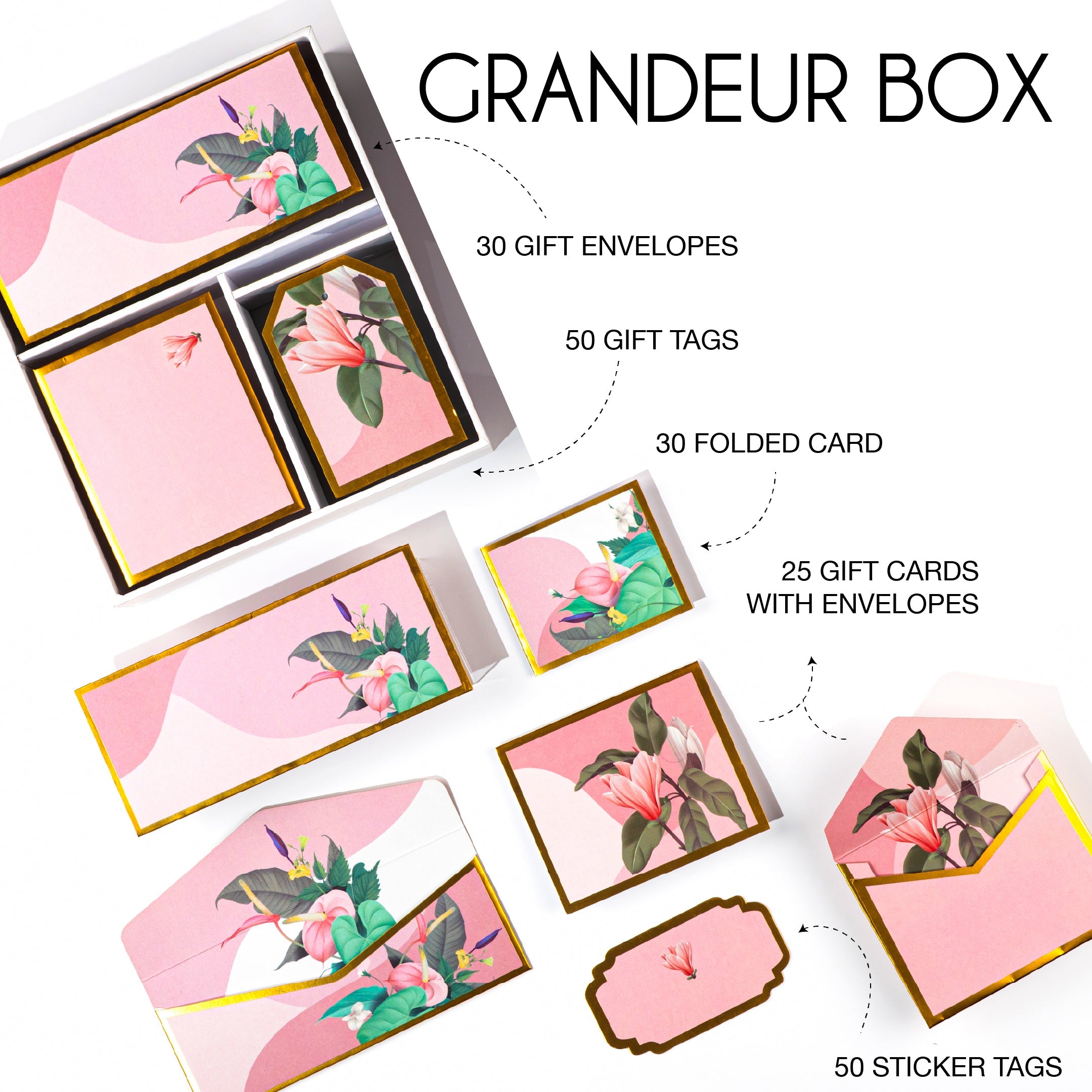 Elegant pink floral stationery set with lily illustrations, envelopes, tags, and folded cards.