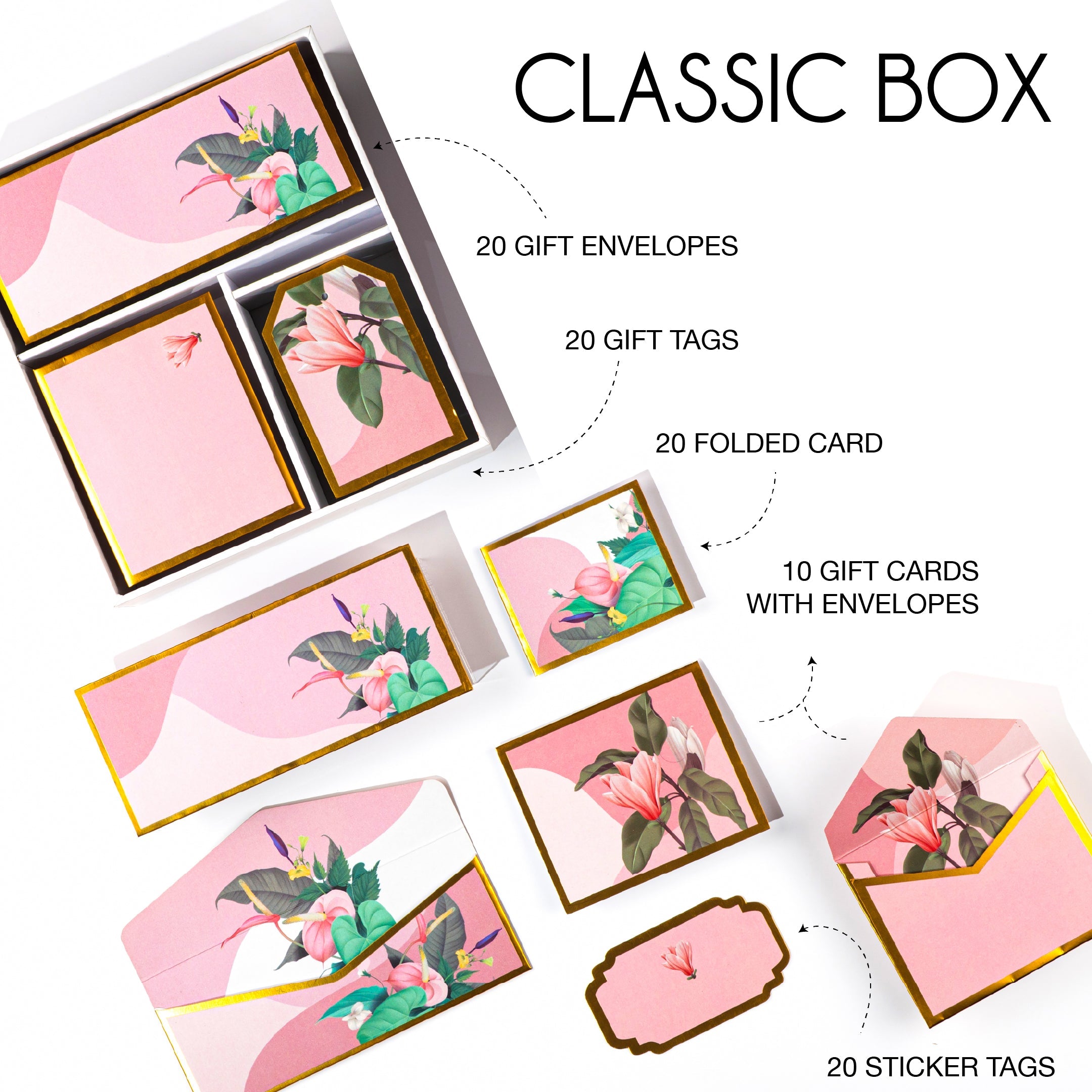 Elegant pink floral stationery set with lily illustrations, envelopes, tags, and folded cards.