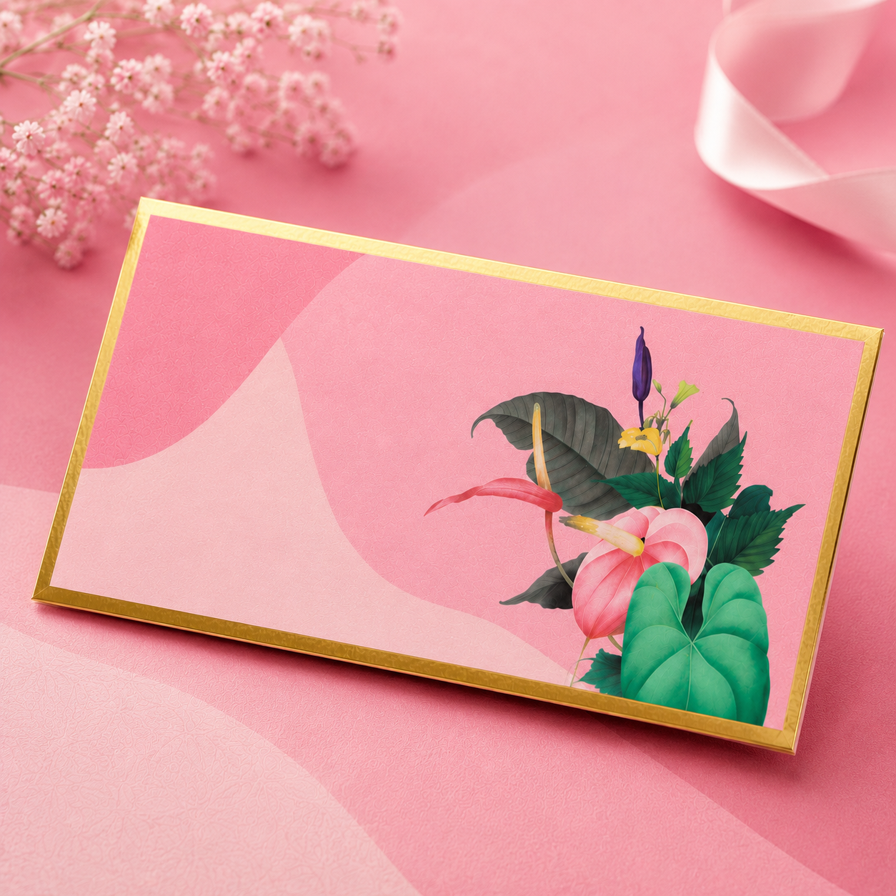 Elegant pink floral envelope with gold borders and tropical botanical artwork on a soft blush background.