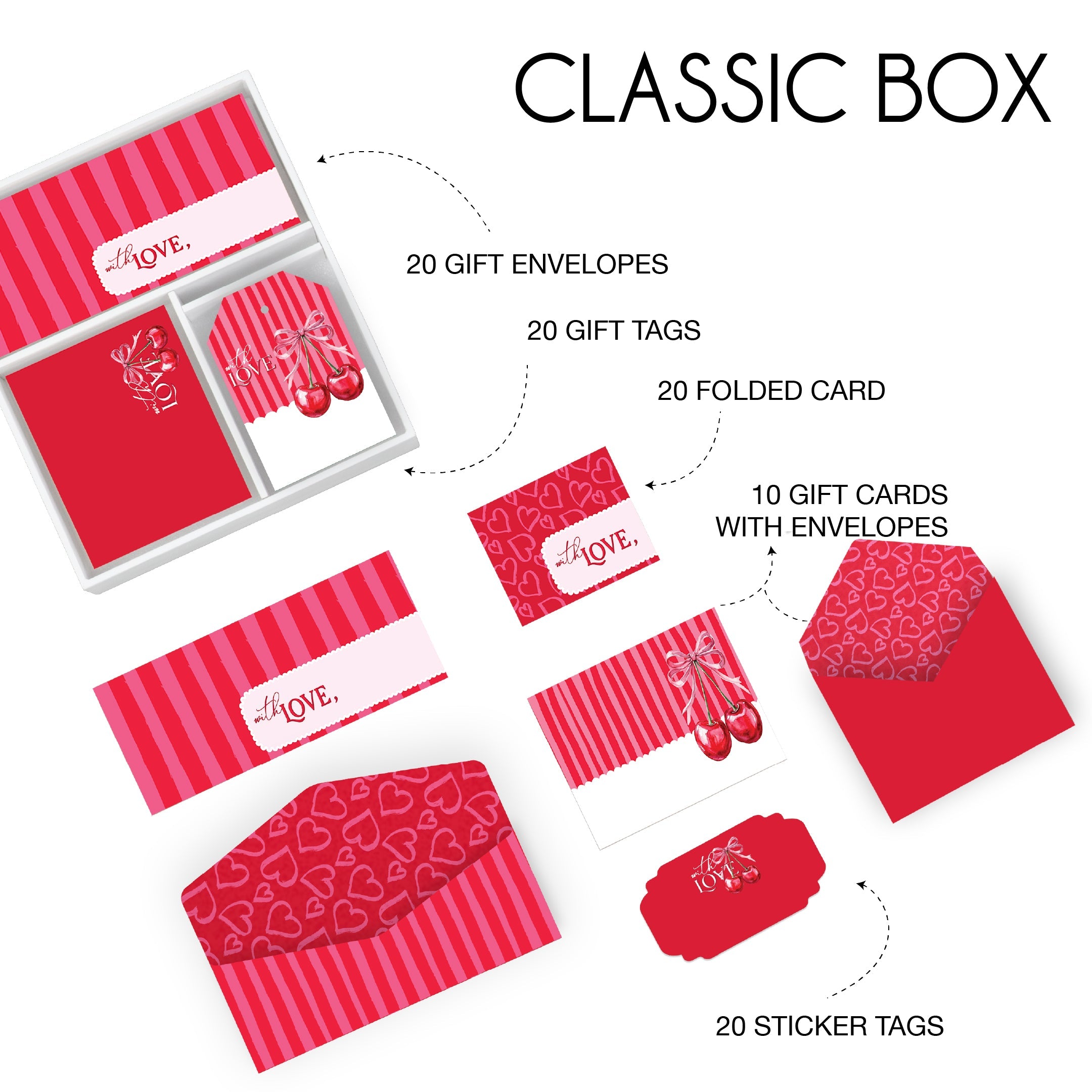 Romantic cherry stationery gift set with red stripes, cards, tags, envelopes, perfect for Valentine's.