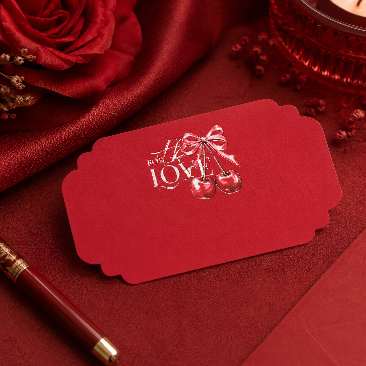 Romantic Cherry Love peel and stick gift tag in rich red tones with cherry artwork and elegant typography.