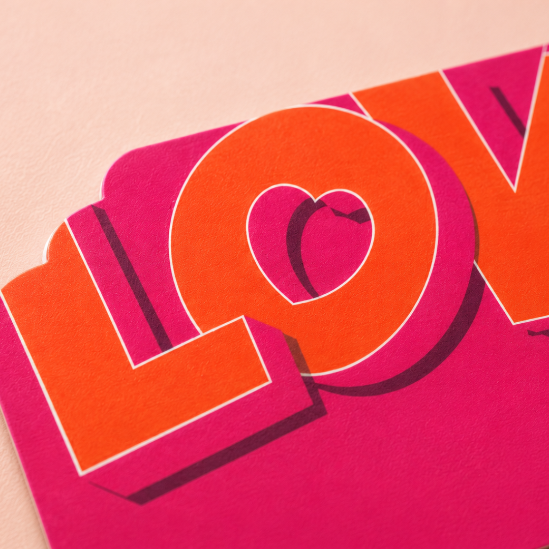 Playful pink sticker tag featuring oversized LOVE lettering, perfect for birthdays, Valentine’s gifts, and party favors.