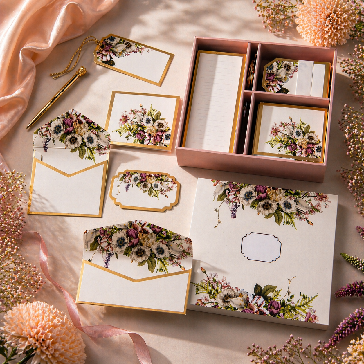 Cream boxed stationery with elegant floral bouquets on cards, tags, and envelopes.