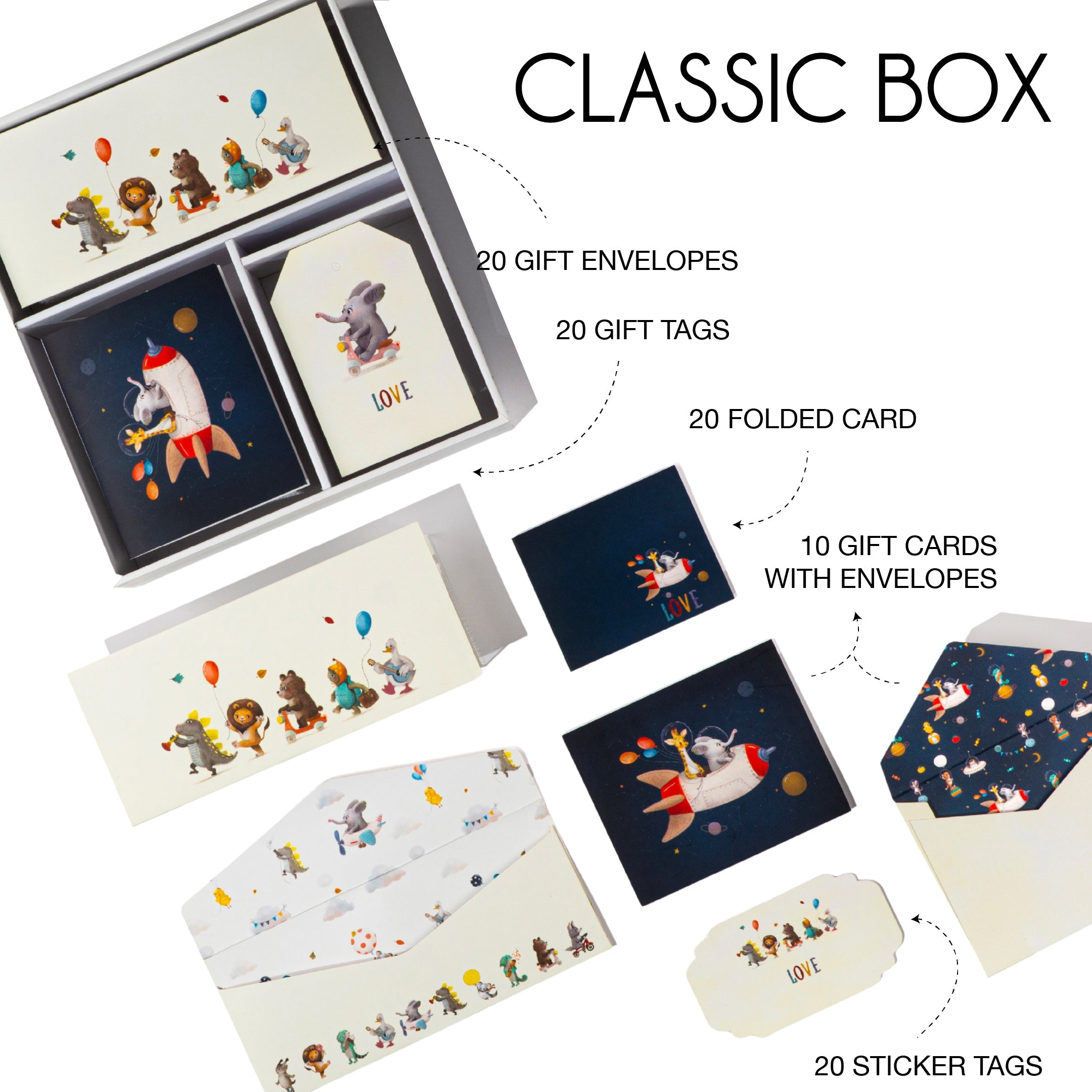 Cosmic Safari stationery set with safari animals in space-themed designs, envelopes, tags, notes & box