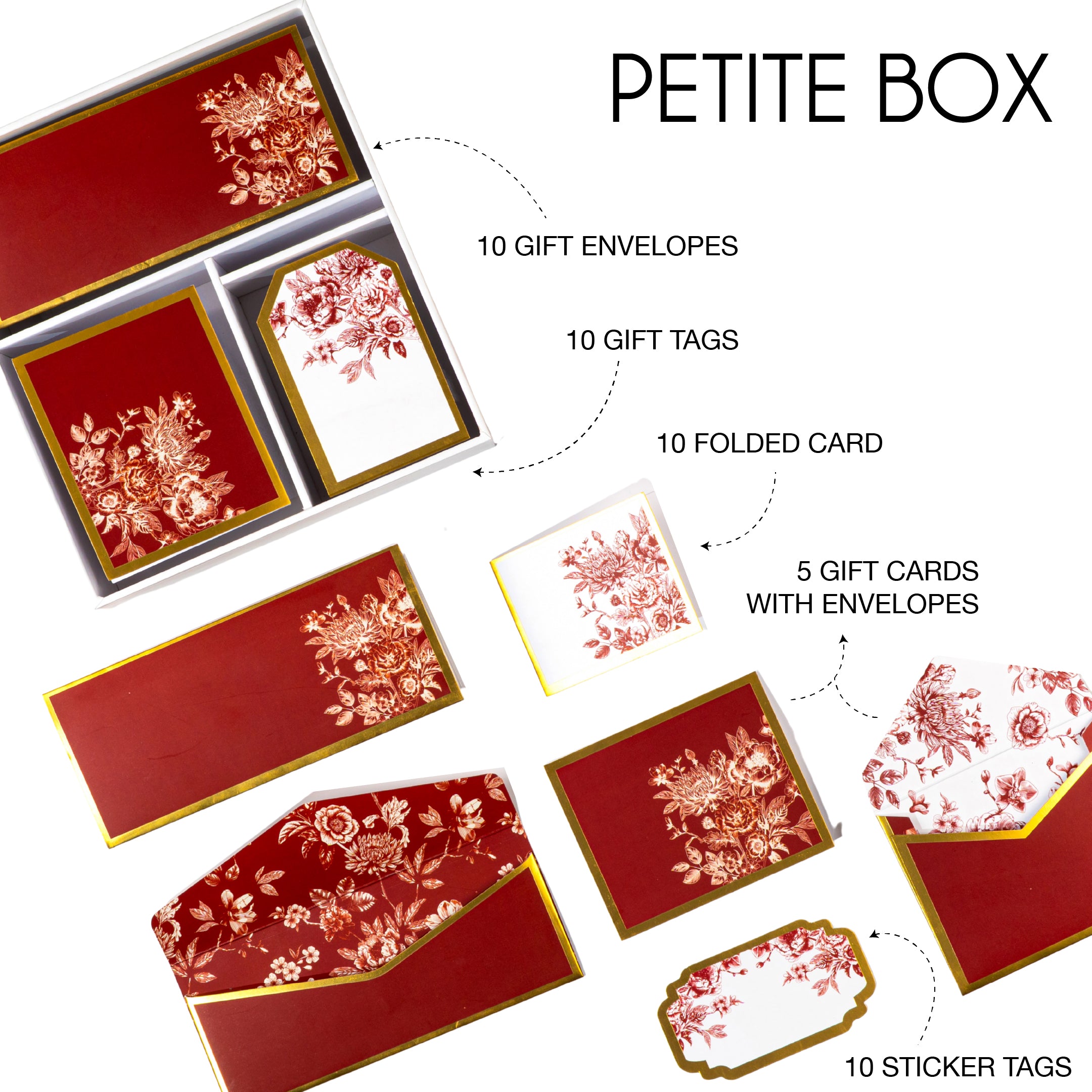 Elegant red and gold boxed stationery with rose‑patterned cards, envelopes, and tags.
