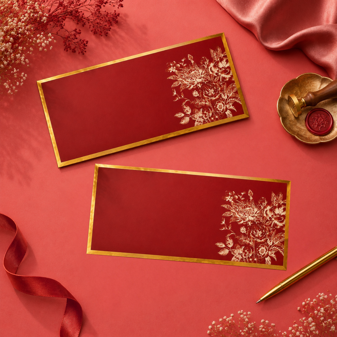 Luxury crimson chinoiserie gift envelope with elegant gold border and intricate floral artwork.