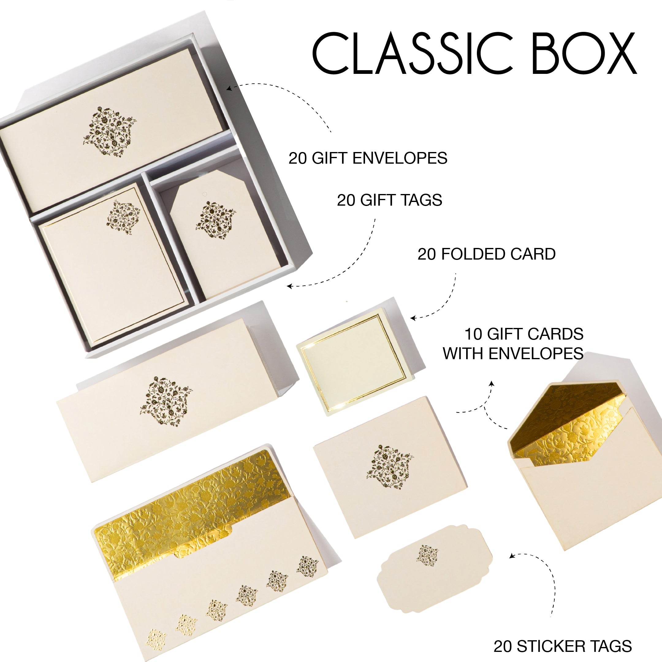 Minimal beige and gold foil stationery set with intricate Mughal-inspired motifs, perfect for gifting and events.