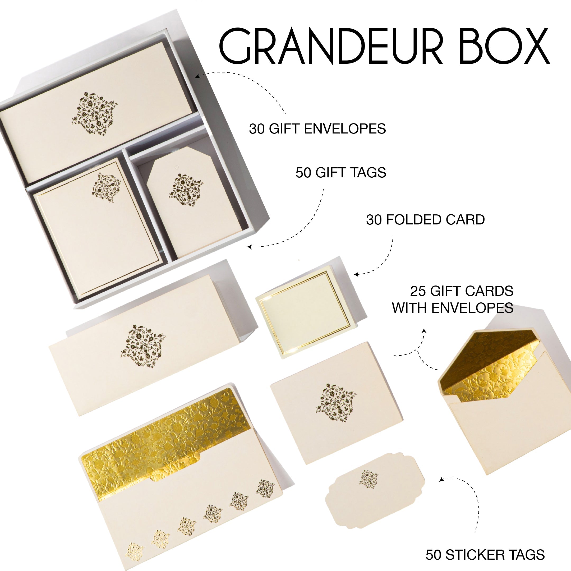Minimal beige and gold foil stationery set with intricate Mughal-inspired motifs, perfect for gifting and events.