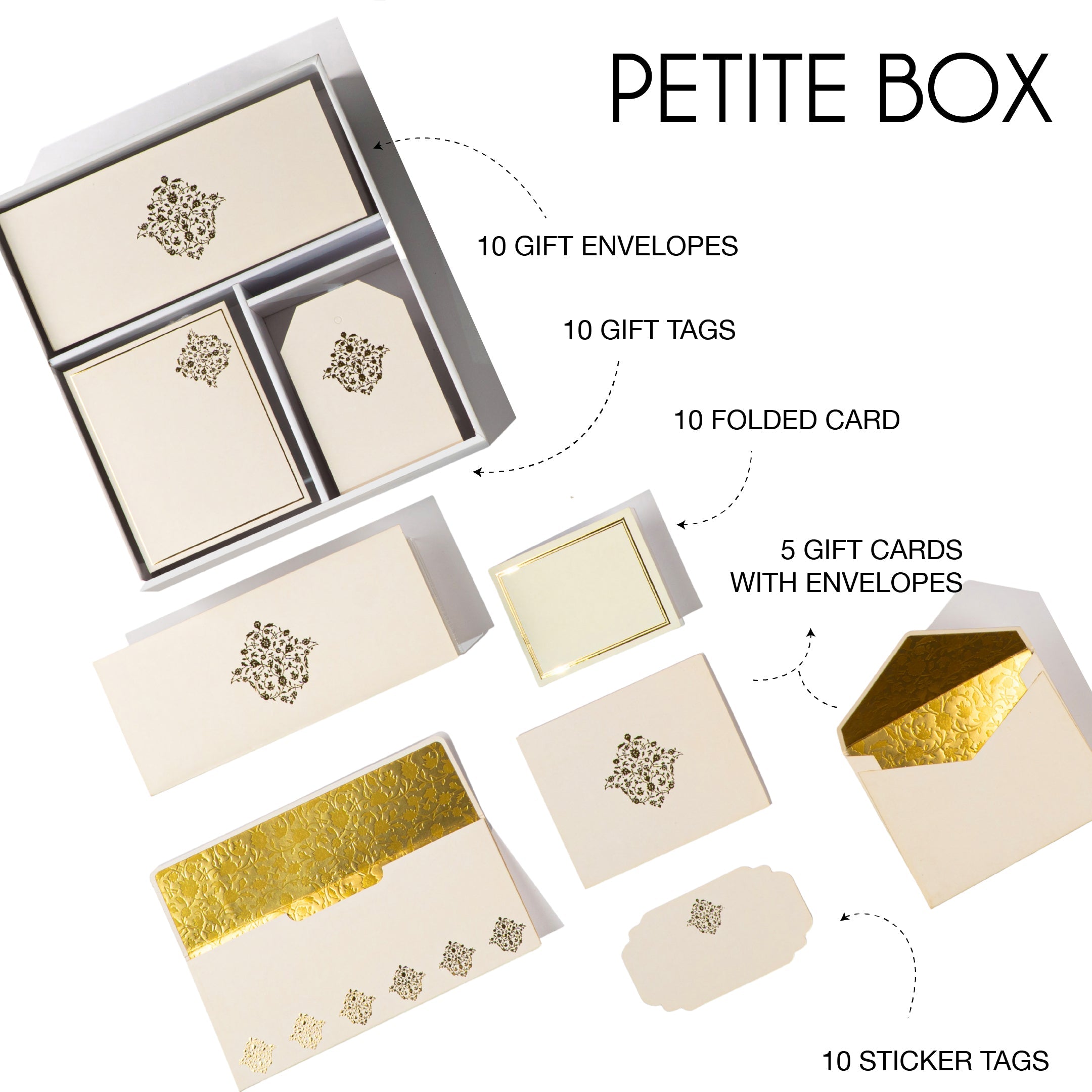 Minimal beige and gold foil stationery set with intricate Mughal-inspired motifs, perfect for gifting and events.