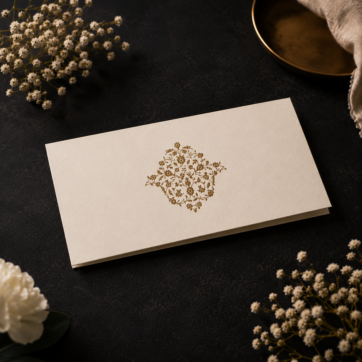 Premium cream envelope with gold botanical pattern and sophisticated wedding stationery inspired artwork.