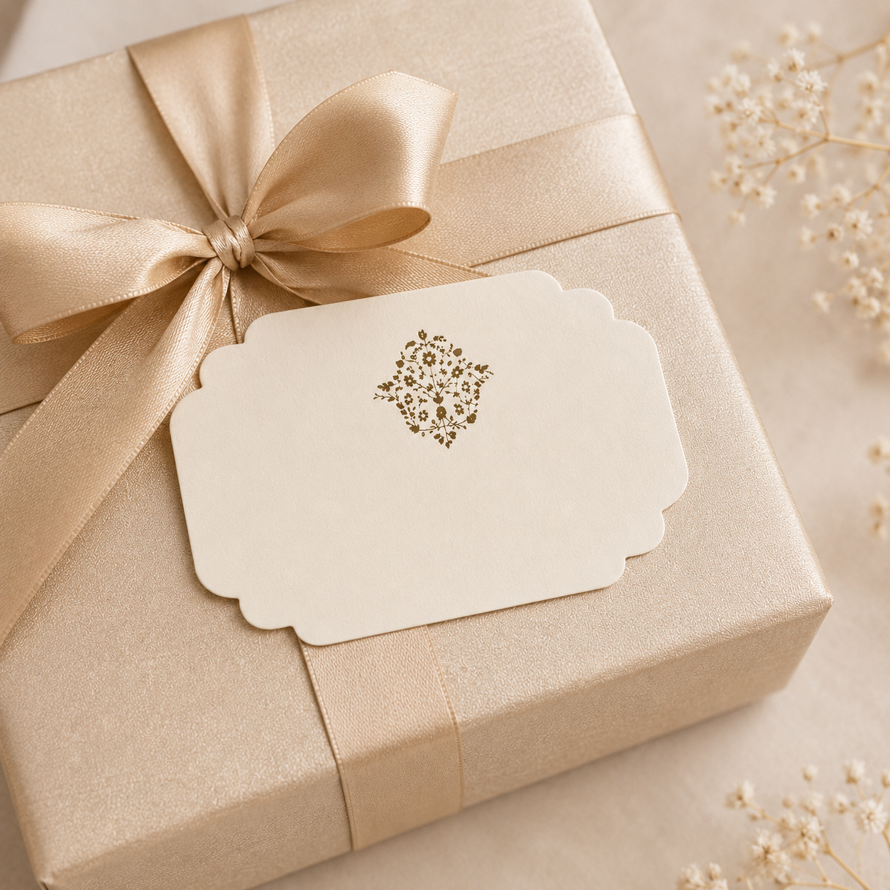A timeless peel and stick gift tag crafted in subtle ivory tones with refined floral detailing for sophisticated and graceful gifting.
