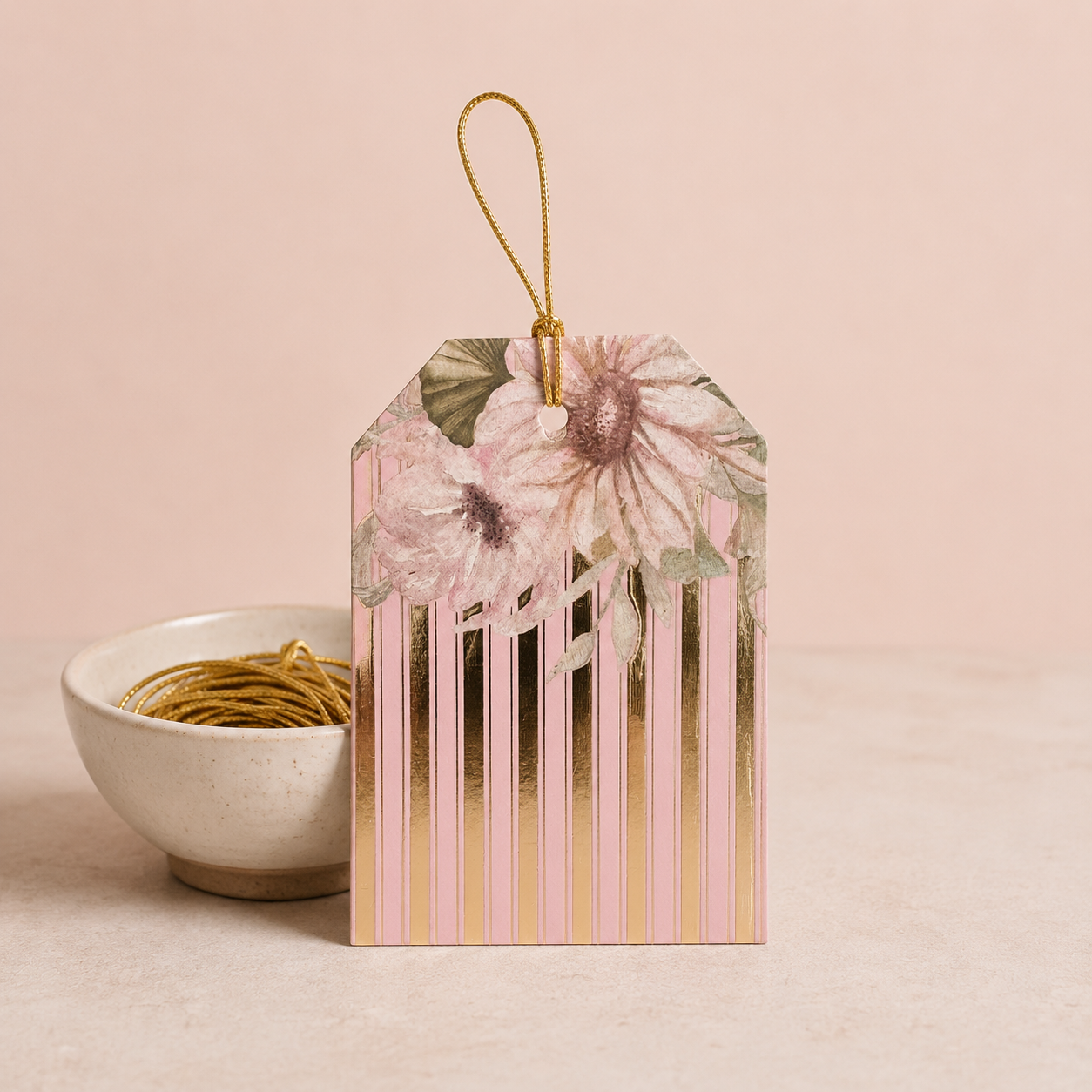 Ginko Love hanging tag with elegant floral design and golden dori for gift packaging