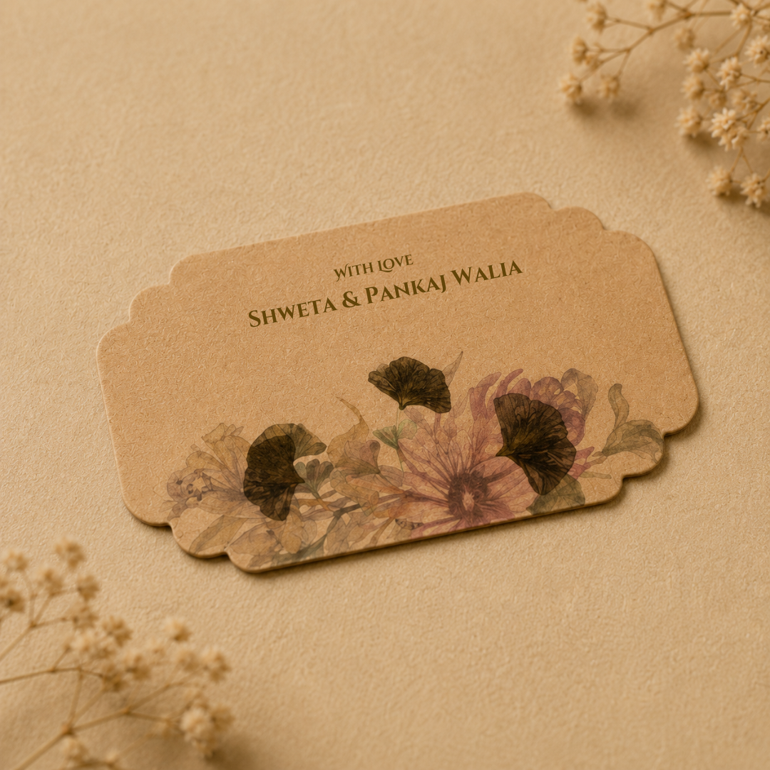 Elegant botanical peel and stick gift tag featuring earthy floral artwork in warm neutral tones for luxury gifting.
