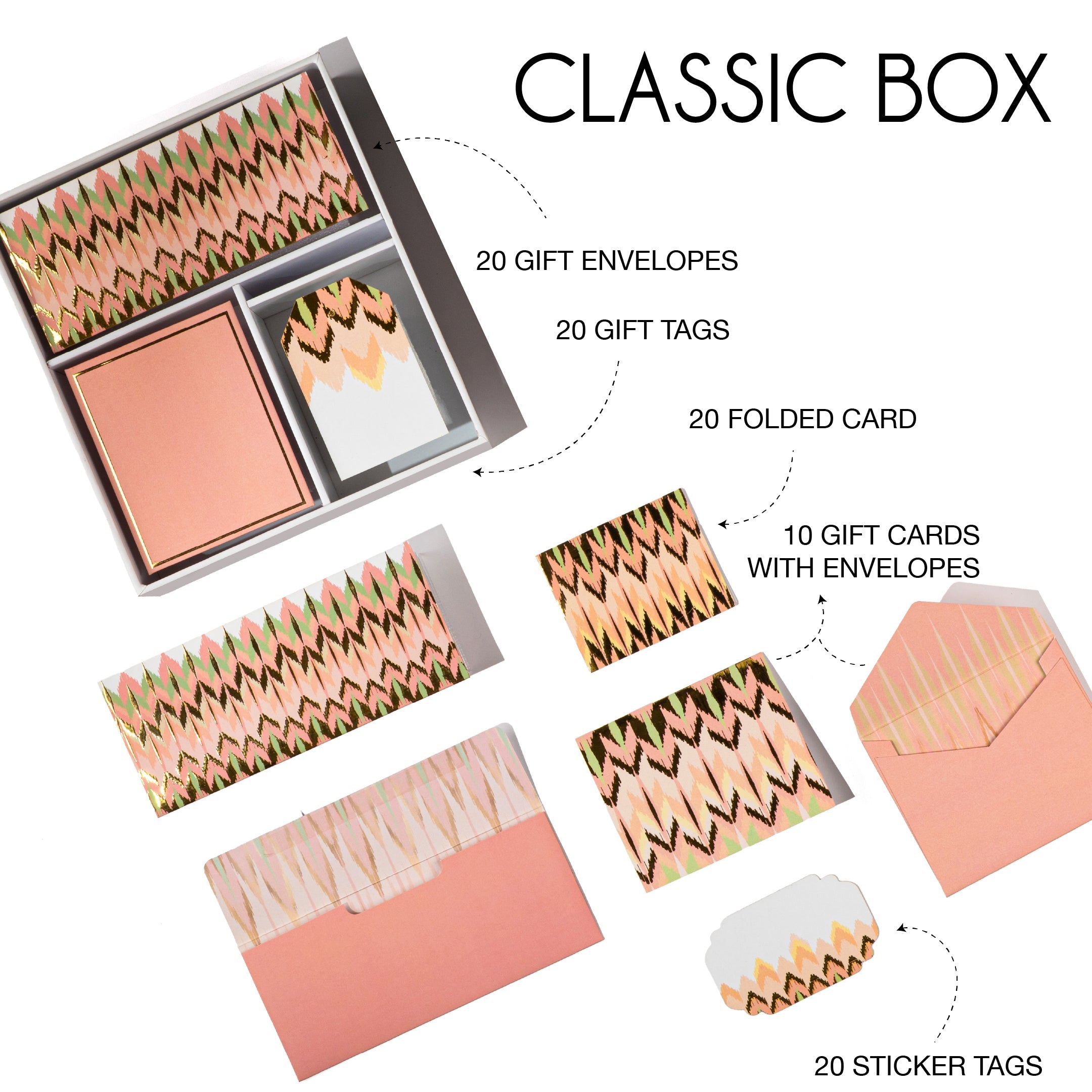 Peach and gold ikat-patterned boxed stationery set with matching cards and tags.